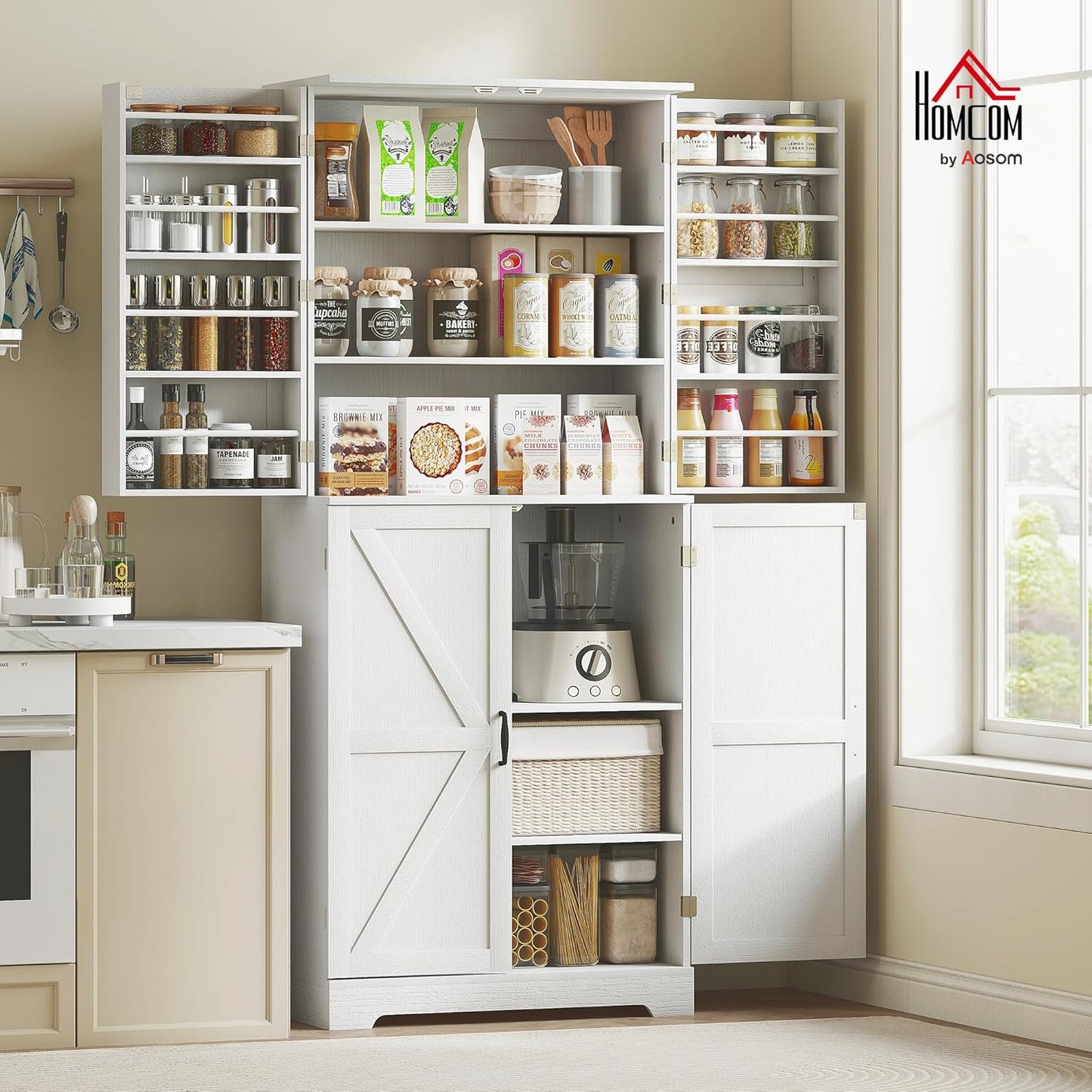 HOMCOM 72" Farmhouse Kitchen Pantry Cabinet, Freestanding Tall Storage Cabinet with 4 Barn Doors, 4 Adjustable Shelves and 8 Door Shelves, Embossed White Wood Grain