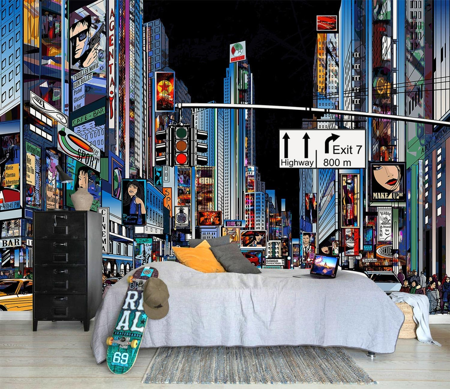 AFZEVEB-Hand-Painted New York City Wallpaper Wall murals for Bathroom 114"x74" (Not Peel and Stick)