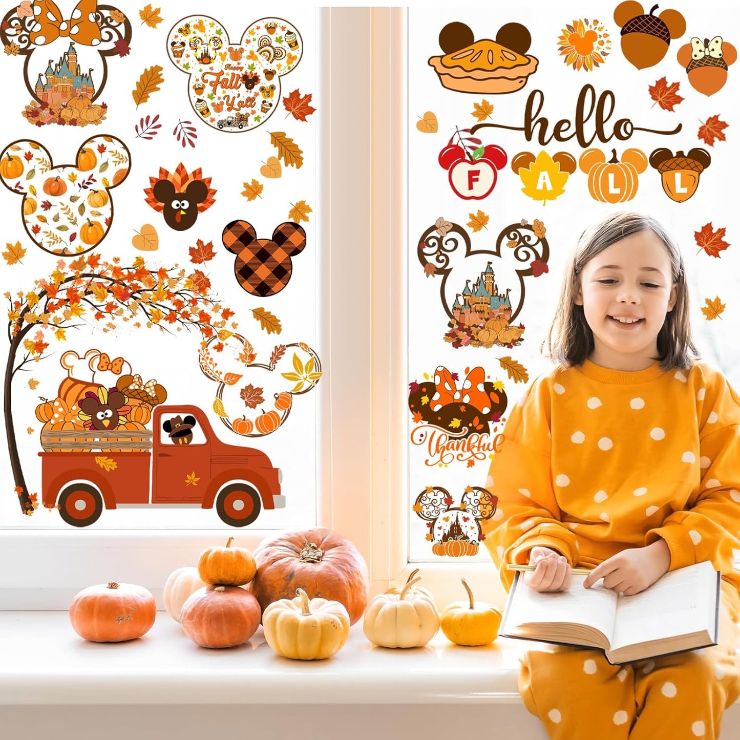 Mouse Themed Fall Window Clings - 9 Sheets Removable Thanksgiving Stickers for Glass Windows, Autumn Decorations
