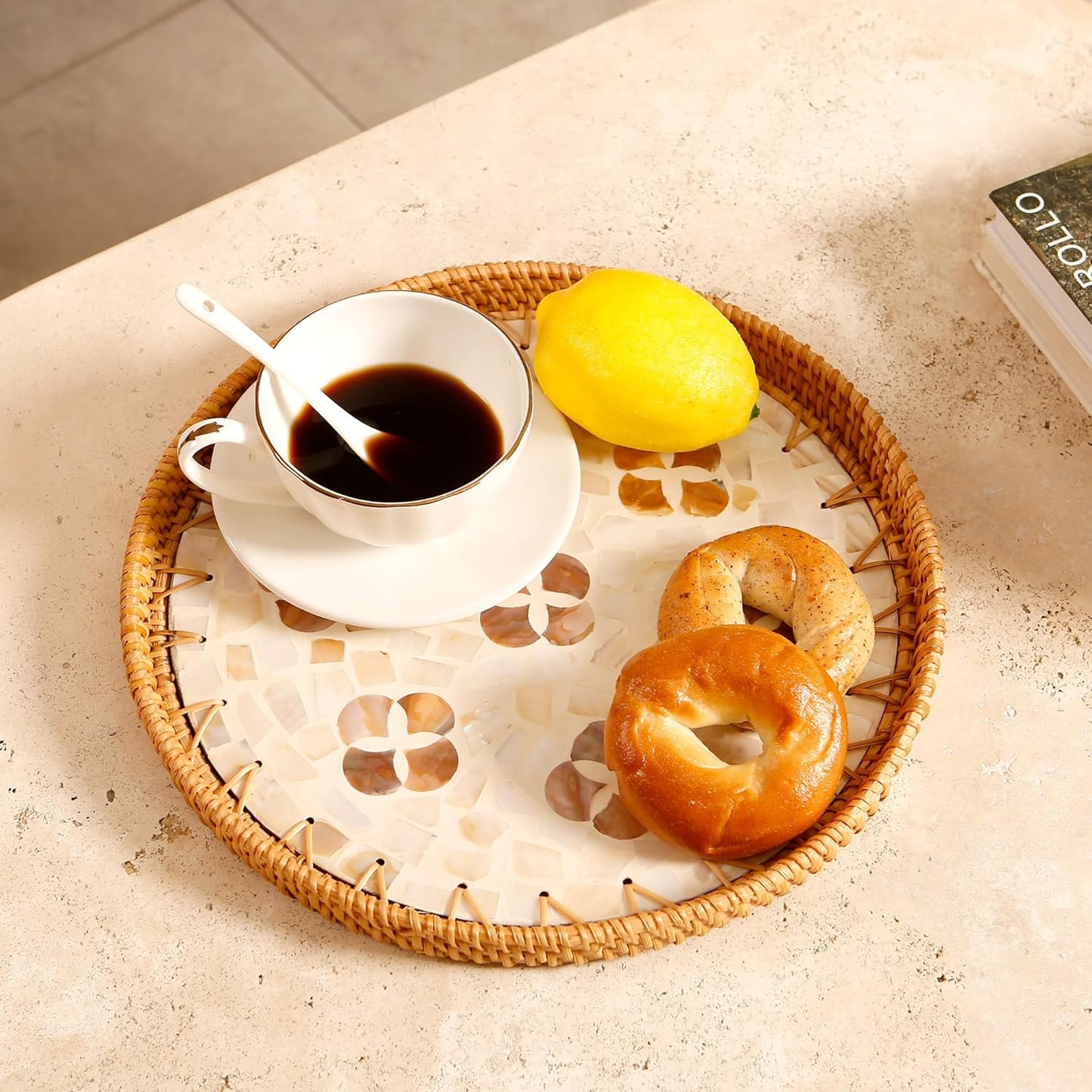 Round Rattan Tray with Mother of Pearl Inlay & Wooden Base - Decorative Wicker Serving Tray for Coffee/Bread/Fruits, Food Storage & Display - Multipurpose Home Decor (M,Four-Petal Flower)
