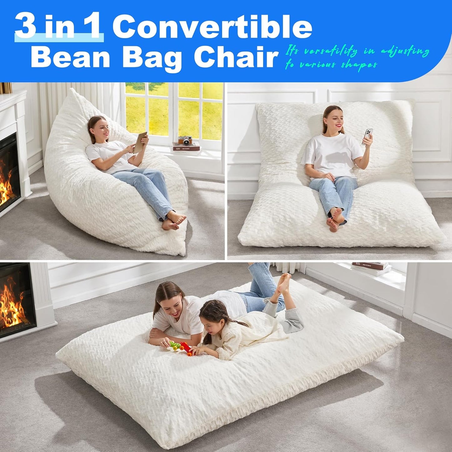Hobestluk 3 in 1 Bean Bag Chair Giant Bean Bag Chairs for Adults with Chevron Plush Fur Cover Convertible Bean Bag Floor Cushion with Machine Washable Cover for Living Room (Chevron Plush White)