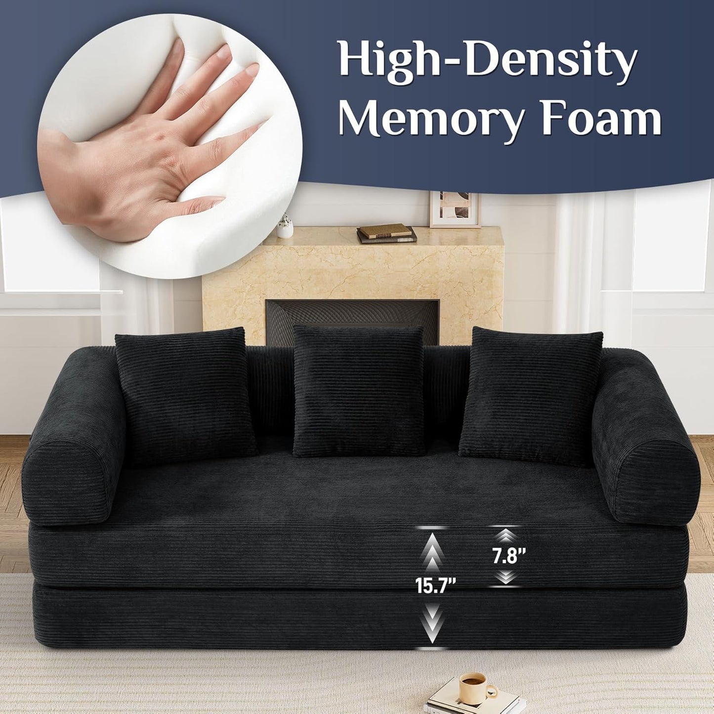 Convertible Sleeper Sofa Bed with Pillow, 4-in-1 Corduroy Folding Mattress Couch with Fixed-Shape Frame, Futon Fold Out Floor Sofa Cama Lounge Couch for Living Room Bedroom Studio, Black