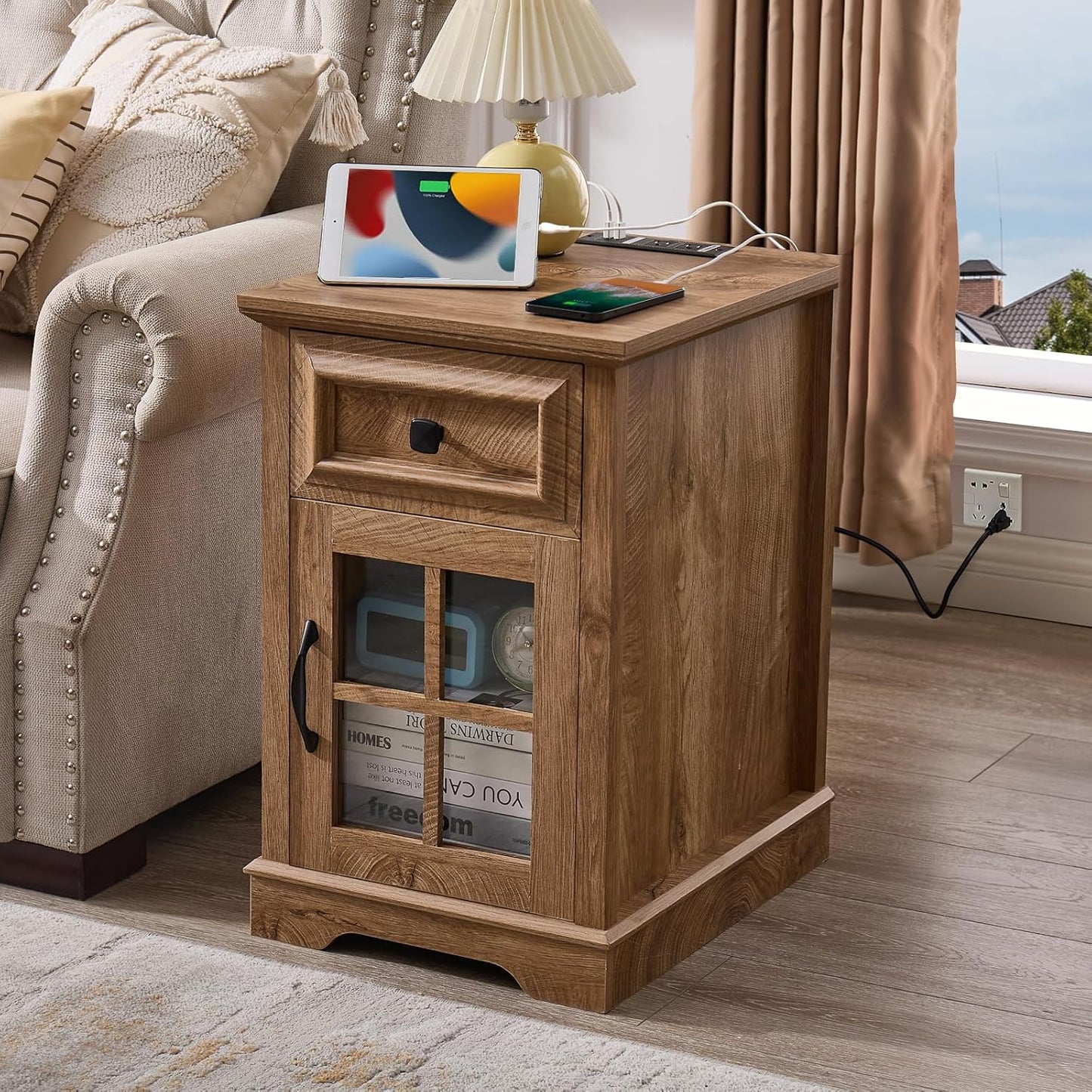 Farmhouse XXL End Table with Charging Station, Side Table with USB Ports and Outlets, Nightstand with Drawer and Glass Door Storage, Log Color Bedside Tables for Living Room, Bedroom, Office