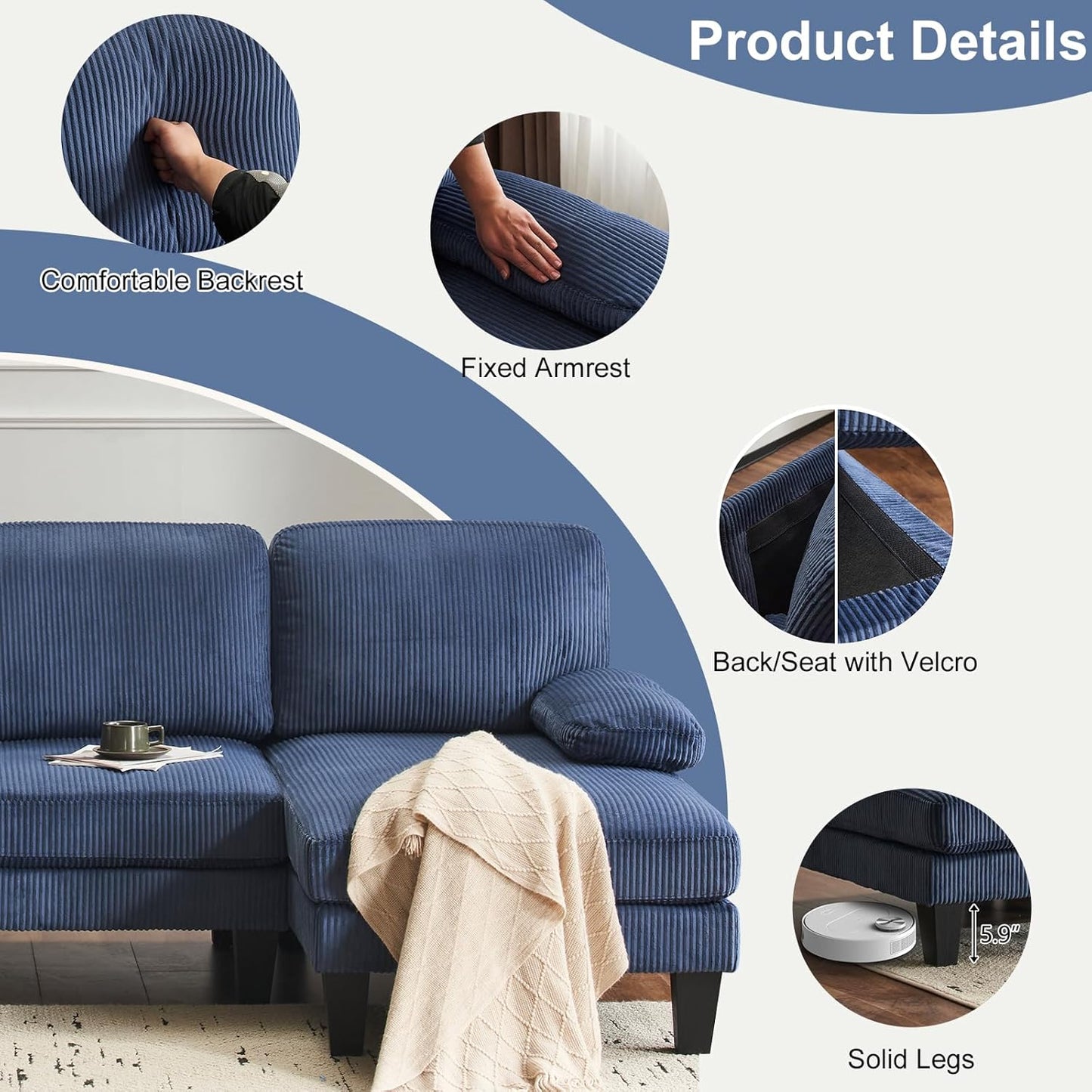 Karl home U-Shape Sectional Sofa Couch 111" Modern 4-Seat Sofa with Chaises Corduroy Fabric Upholstered Covertible Couch with Wood Grain Legs for Living Room, Reception Room, Apartment, Navy Blue
