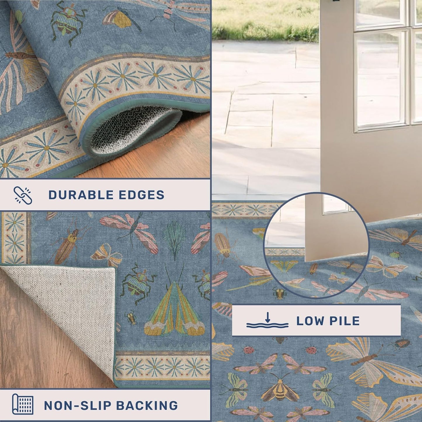 Cute Blue Rugs for Kids Room Boys - Washable 5x7 Area Rugs for Nursery, Baby Bedroom, Toddler Playroom, Insect Bug Print Carpet, Soft Non Slip Stain Resistant