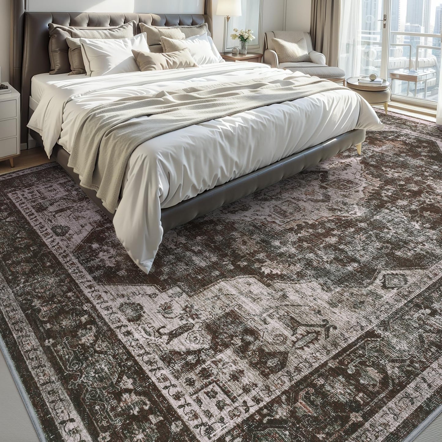 AMOAMI-Area Rug 8X10 Rugs for Living Room-Vintage Soft Brick/Brown Rugs for Bedroom-Non Slip Carpet-Washable Rug for Dining Room Living Room Bedroom Office Under Table