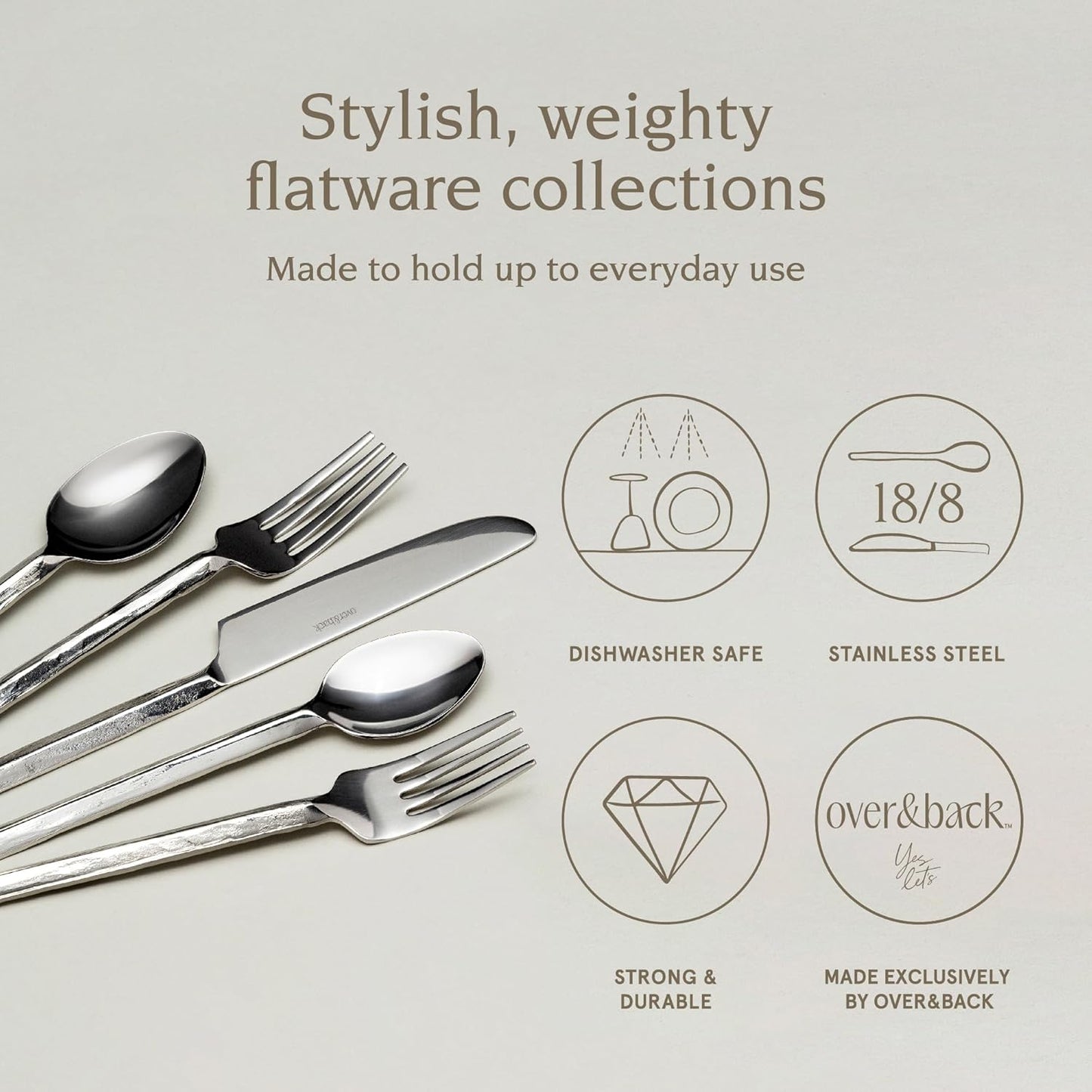 over&back 20pc Hand-Forged Flatware Cutlery Set - Comes with 4 Dinner Forks, 4 Salad Forks, 4 Dinner Knives, 4 Dinner Spoons, and 4 Teaspoons - Dishwasher-Safe - 18/8 Stainless Steel