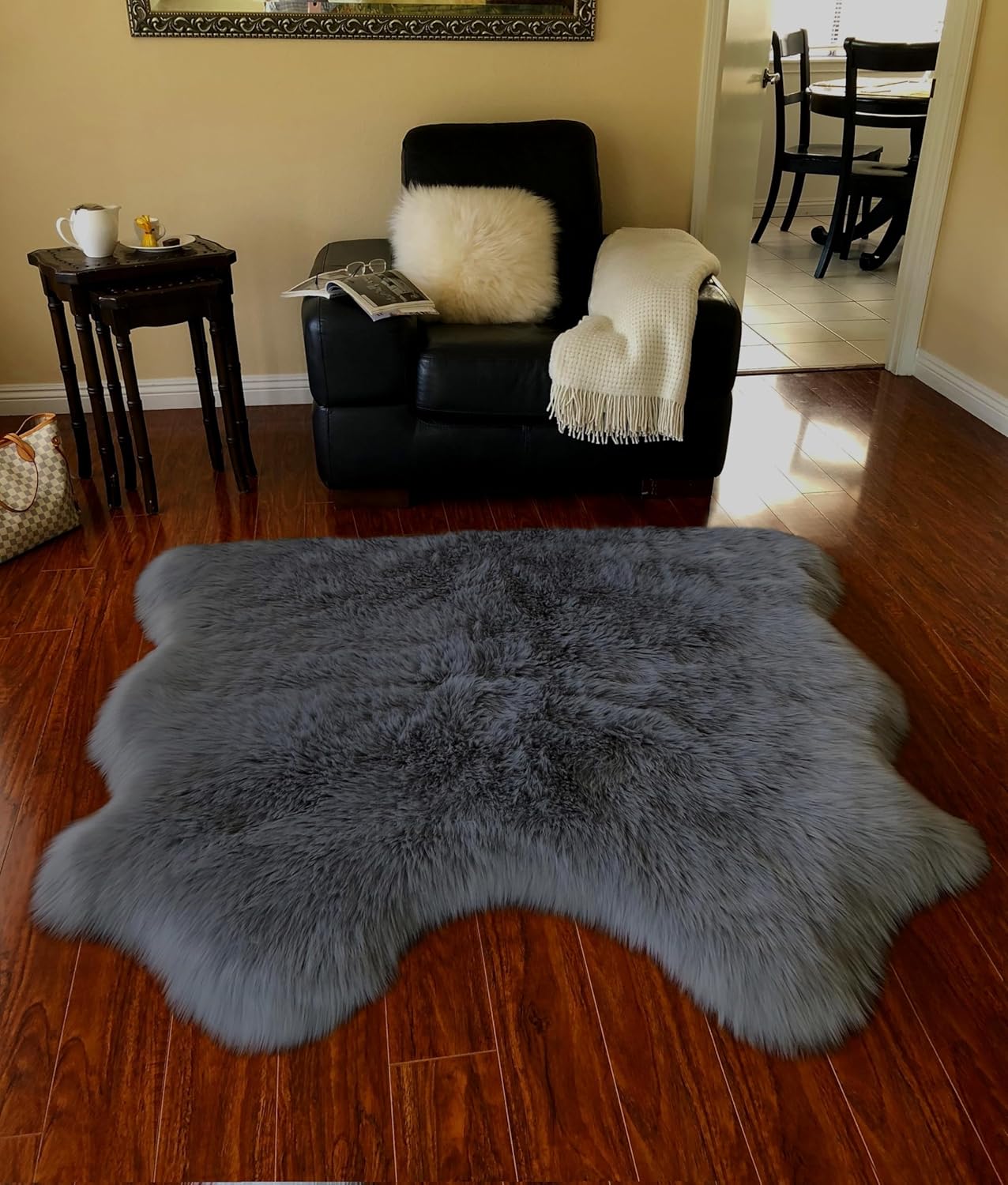 LAMBZY Faux Sheepskin Super Soft Hypoallergenic Free Shape Silky Shag Rug, Luxury Shaggy Plush Carpet for Bedrooms Living Kids Room Sofa Rugs (Dark Grey, Double Side by Side 3'x4')