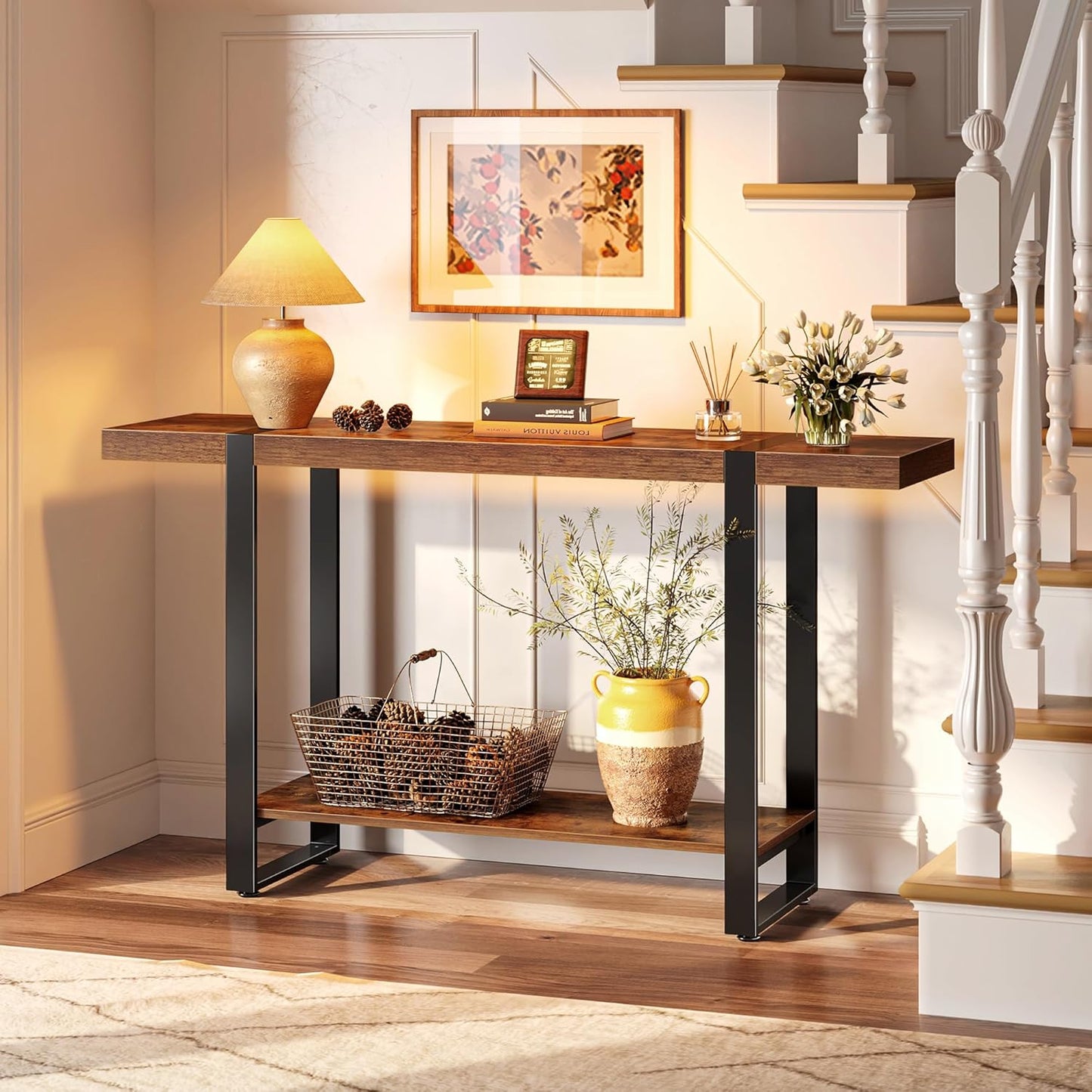 Huuger 47.2 Inch Entryway Table, 2-Tier Industrial Console Sofa Table, Accent Table with Storage, for Entry, Hallway, Entrance, Foyer, T-Shaped Metal Frame, Rustic Brown