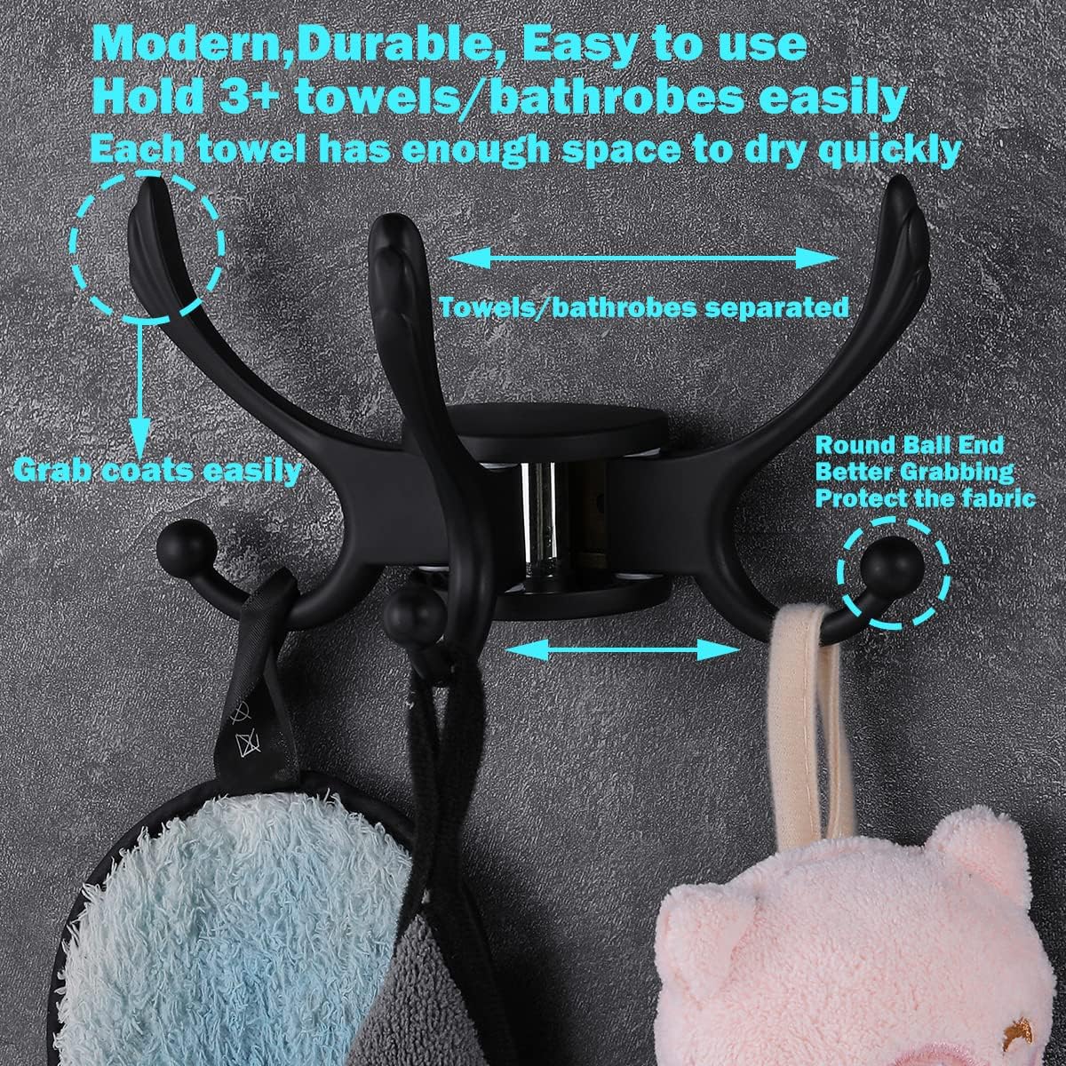 Heavy Duty Swivel Coat Hook Space Saving Towel Rope Hook Wall Mount Triple Swing Arms for RV Bathroom Kitchen Garage,Matt Black