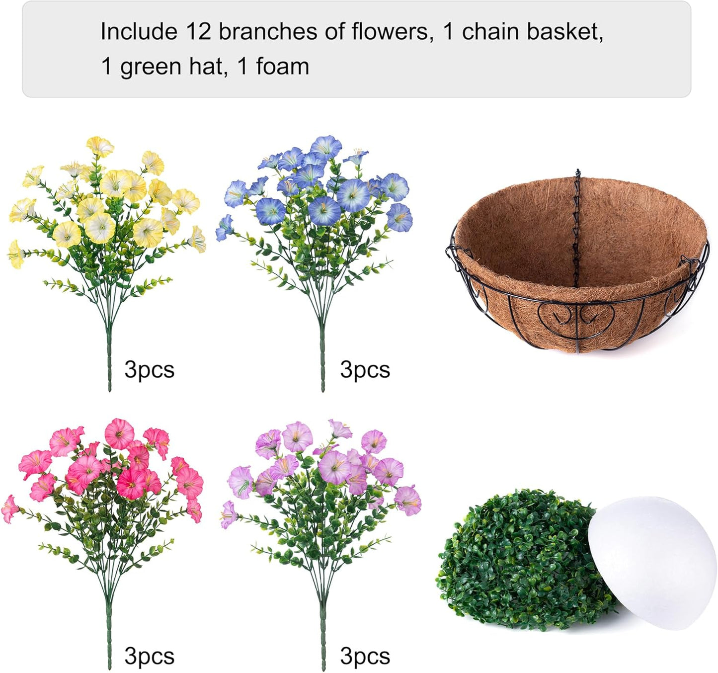 Artificial Faux Hanging Plants Flowers Basket for Outdoors Spring Summer Decoration, Silk Morning Glory Eucalyptus Look Real UV Resistant Fake Flowers for Porch Outside Patio Balcony Yard Home Garden