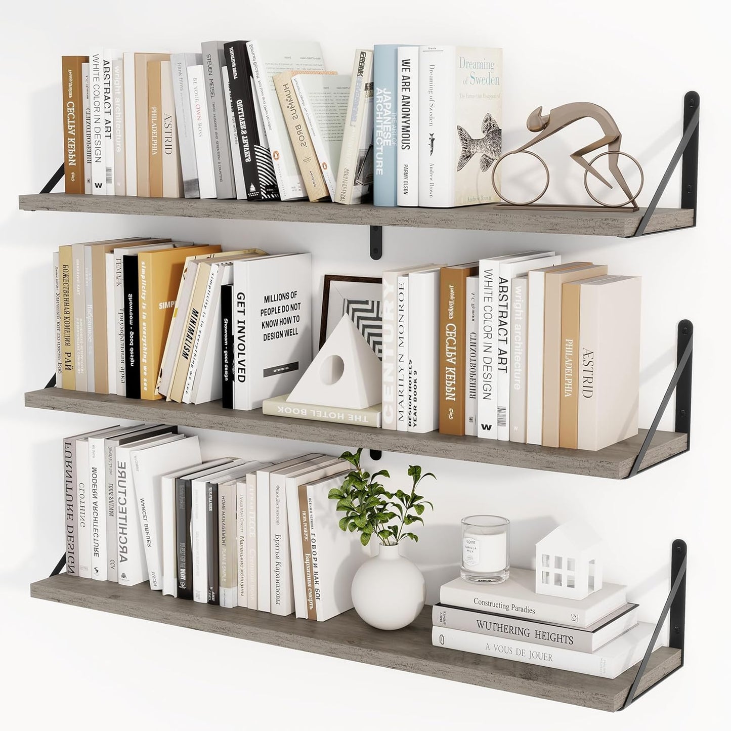 Heimlove 36 Inch Floating Bookshelves Set of 3,Wall Bookshelf Heavy Duty Wall Mounted Bookshelves for Living Room,Bedroom,Kitchen,Laundry Room Storage & Decor,Silver Grey