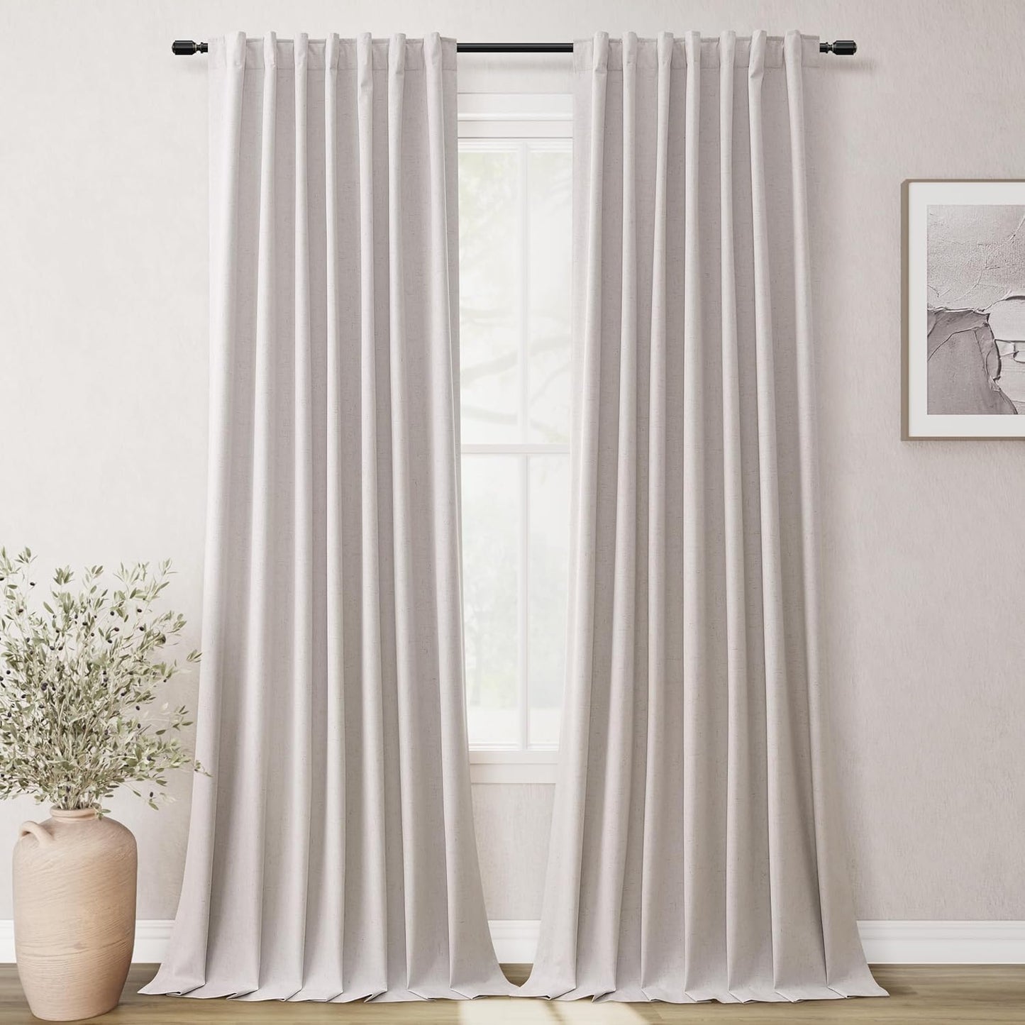 BOODII Room Darkening Curtains Champagne Black Out Curtains 96 Inches Long 2 Panel Set Back Tab Neutral Linen Curtain for Sliding Door Modern Farmhouse Living Room Blackout Drapes Soundproof 52x96