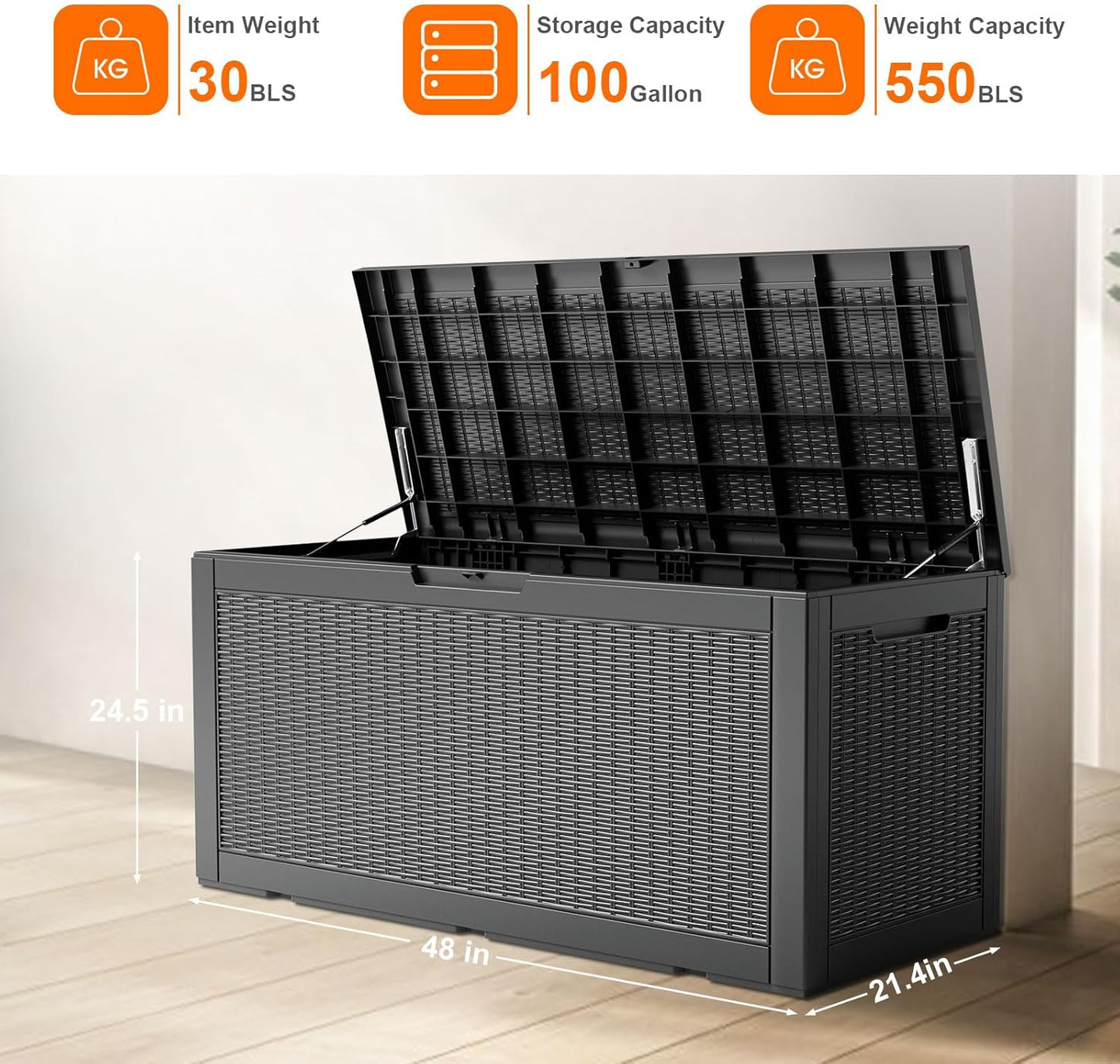 100 Gallon Resin Deck Box, Lockable Patio Outdoor Storage Box for Furniture, Garden Tools and Tools Storage, Waterproof Outside Storage Boxes - Black