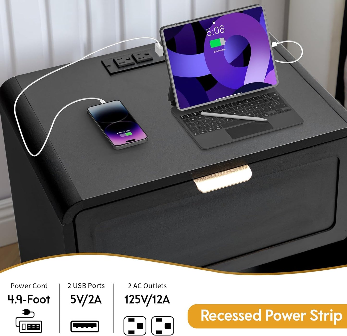 LEVNARY Nightstand Set of 2, Mid-Century Modern Bedside Table with Charging Station and Curved Top Corners, Wooden End Table for Farmhouse Bedroom Living Room (2, Black)