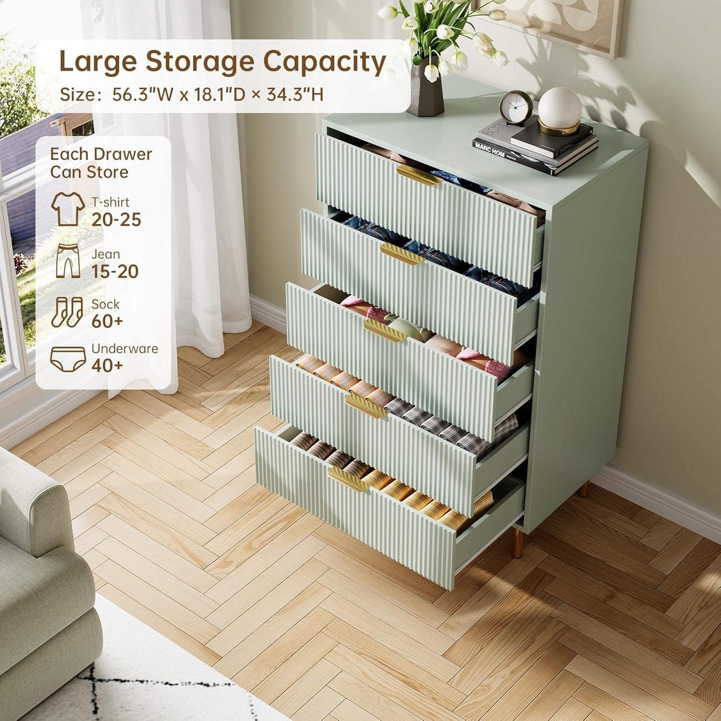 GAOMON 5 Drawer Dresser, Wood Chest of Drawers Organizer Storage with Gold Handle, Tall Storage Cabinet, Modern Design Dresser for Bedroom, Living Room, Closet, Hallway, Entryway, Green