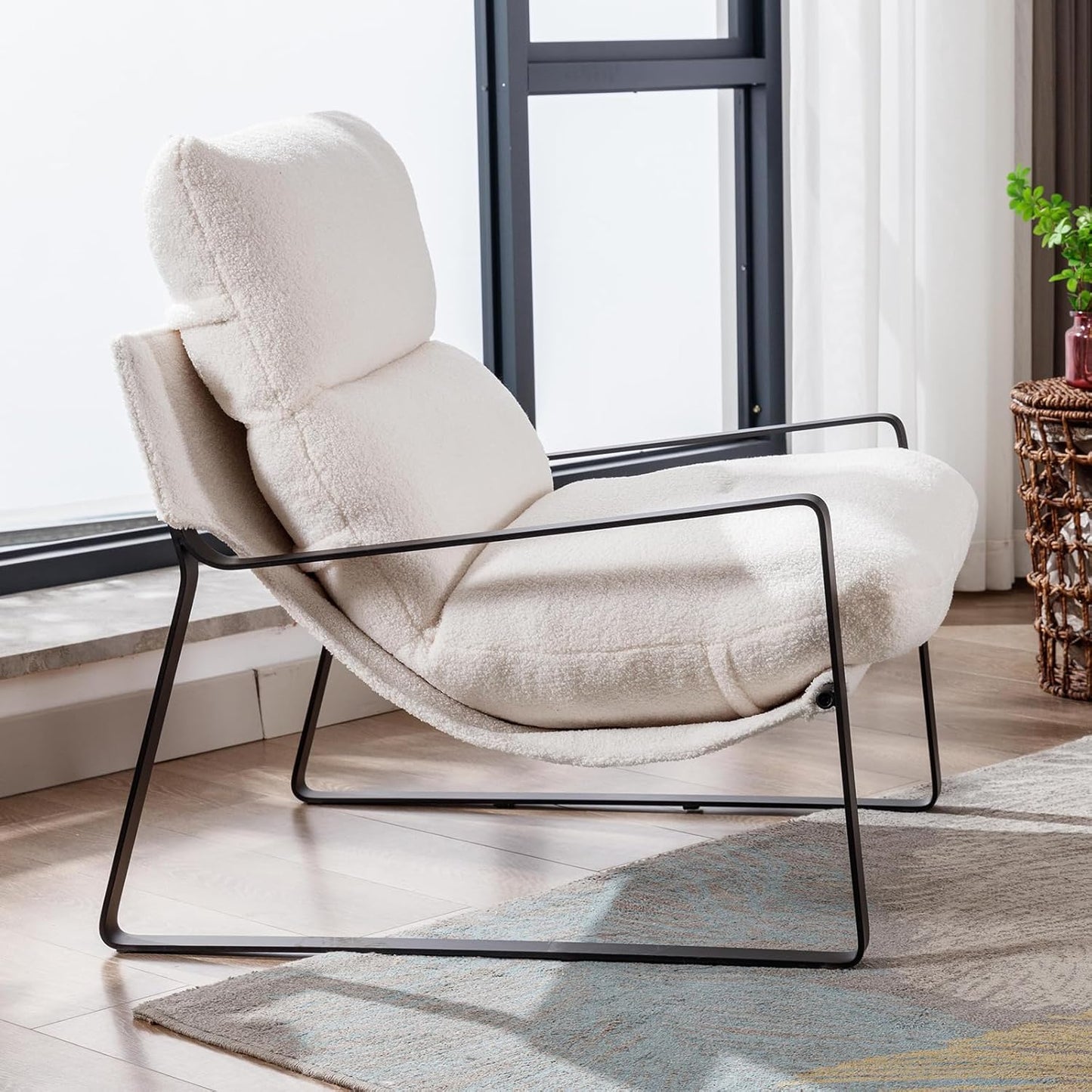DUOMAY Modern White Sherpa Accent Chair, Comfy Lounge Lazy Chair with Metal Leg, Mid-Century Corner Arm Chair for Living Room Bedroom Office Apartment