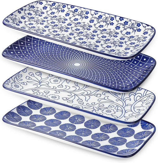 Selamica Ceramic Rectangular Salad Plates Set, Dinner Plate 9.4 Inch Dessert Plates for Party Entertaining, Small Serving Plates for Appetizers, Sushi, Fruit, Set of 4, Vintage Blue