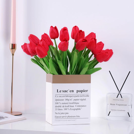 20pcs Red Artificial Tulip Fake Flower 12.9 Inch Spring Mother's Day Easter Gift for Home Kitchen Wedding Decoration