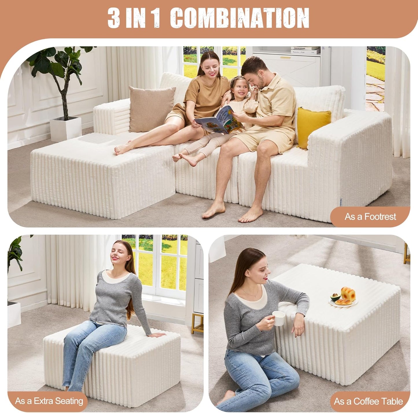 Hobestluk Rectangle Ottoman Memory Foam Footrest for Couch with Removable Cover Large Floor Seating for Adults Ottoman Coffee Table for Living Room, Bedroom or Office (Strip White, Footrest)