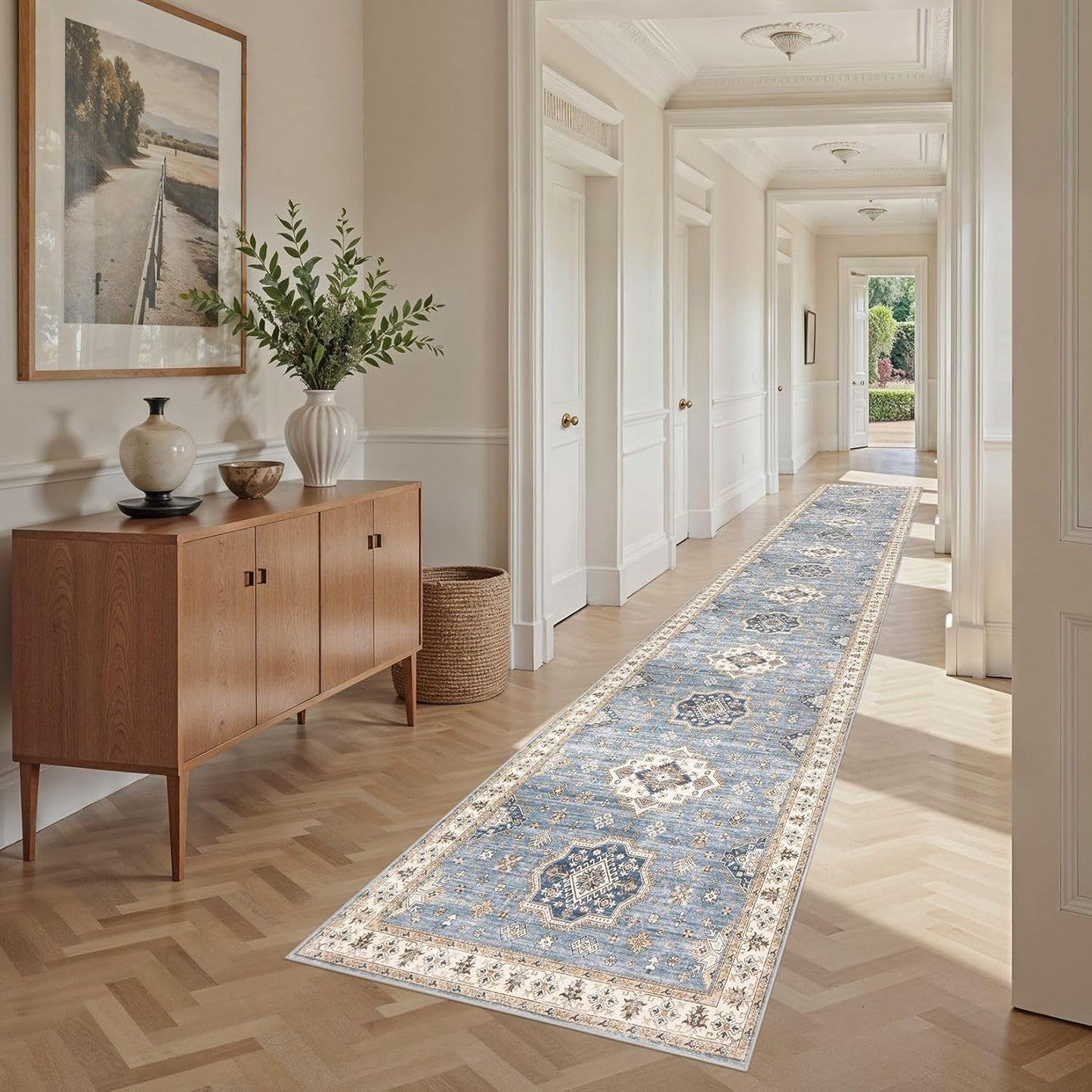 Washable 2.6x14 Runner Rug - Area Rugs Neutral Vintage Distressed Floral Farmhouse Boho Large Soft Floor Rug Indoor Carpet for Hallway Entryway Home - Blue