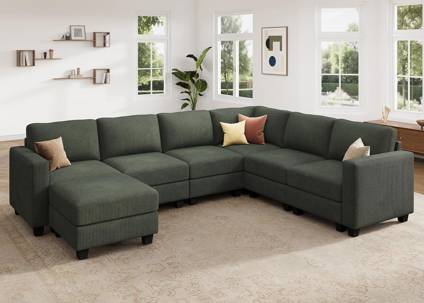 HONBAY Corduroy Sectional Sofa with Storage, U Shape Modular Sectional Sofa with Chaise, Modular Couches for Living Room, Green