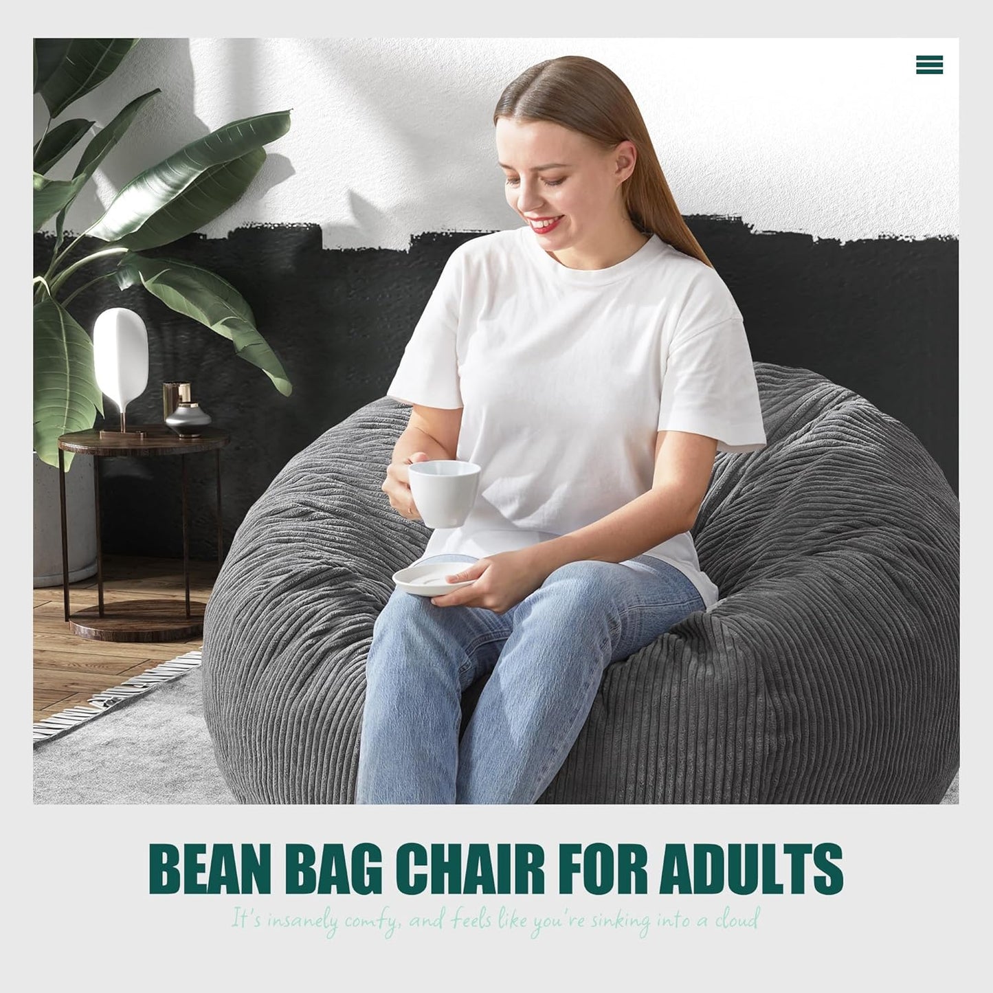 Hobestluk 3.5FT Bean Bag Chair Large Bean Bag with Filler Included Bean Bag Chairs for Adults Teardrop Bean Bag Chair with Removable Cover for Bedroom Living Room - (Large, Grey)