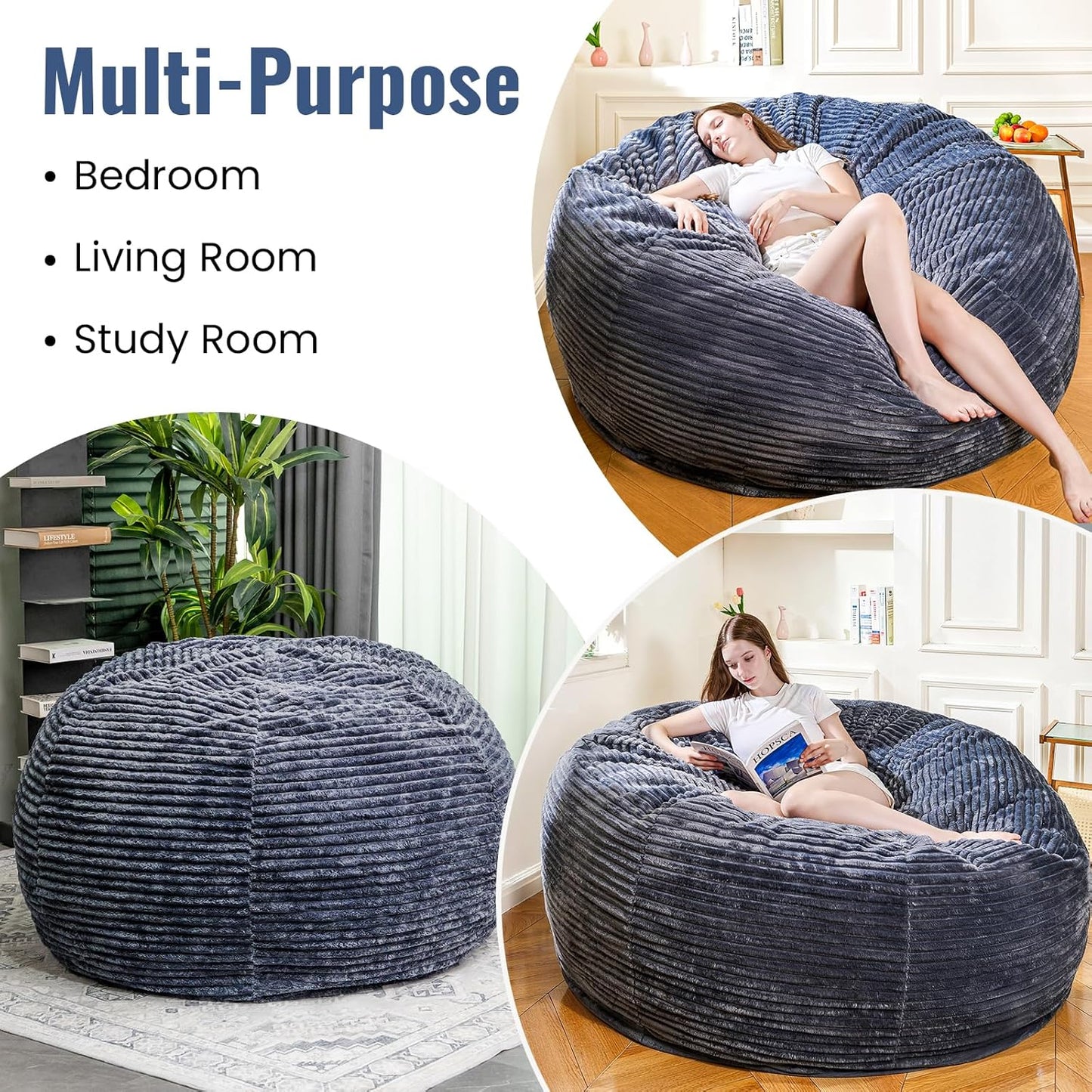 Large Bean Bag Chair, 6FT Giant Beanbag Chairs with Memory Foam Filled, Bean Bag Chairs for Adults, Ultra Soft Lazy Sofa for Living Room Bedroom (Grey)