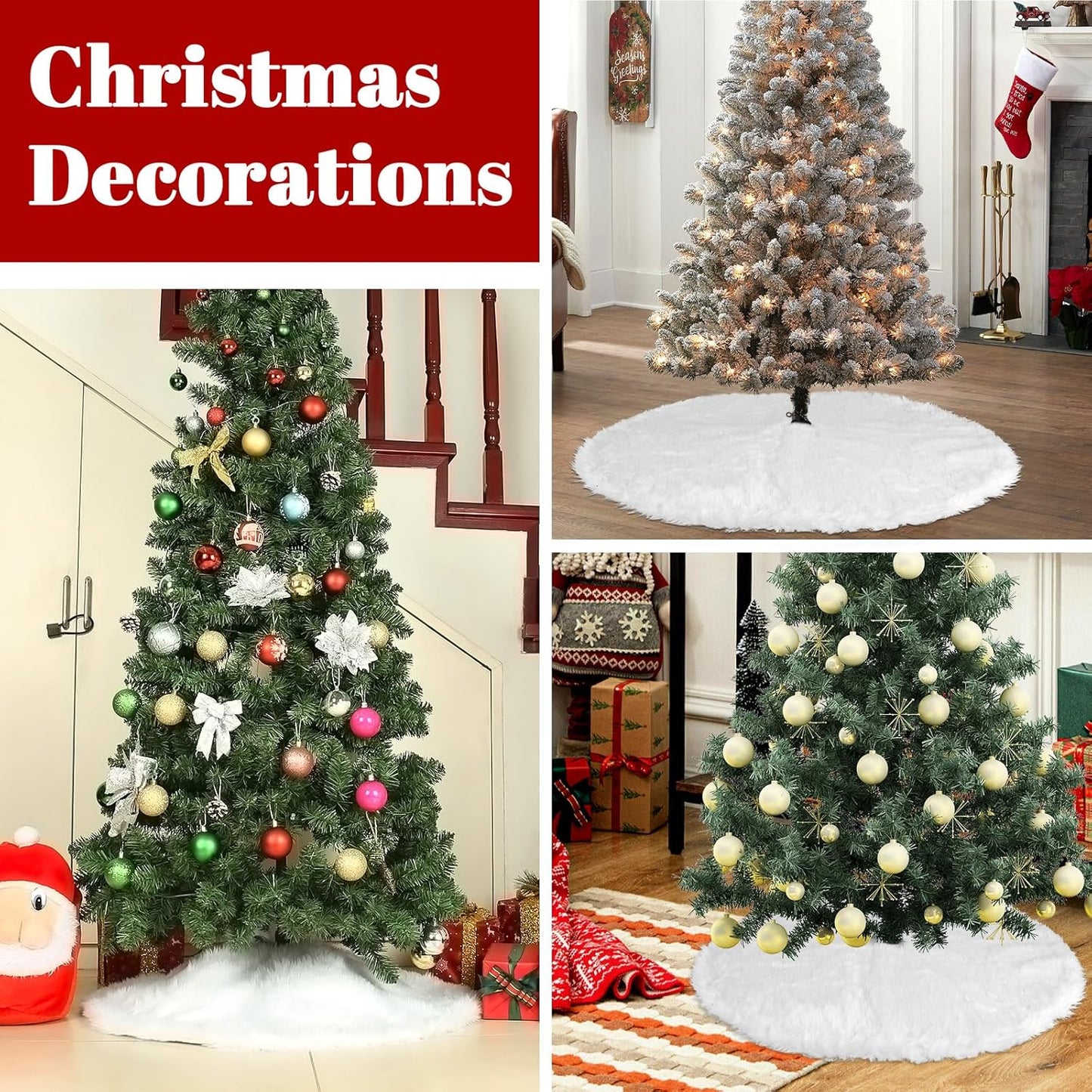 24 Inch Faux Fur Christmas Tree Skirt Soft Snow White Plush Tree Mat Christmas Decorations Fluffy Tree Skirts Xmas Holiday Party Indoor Decorations