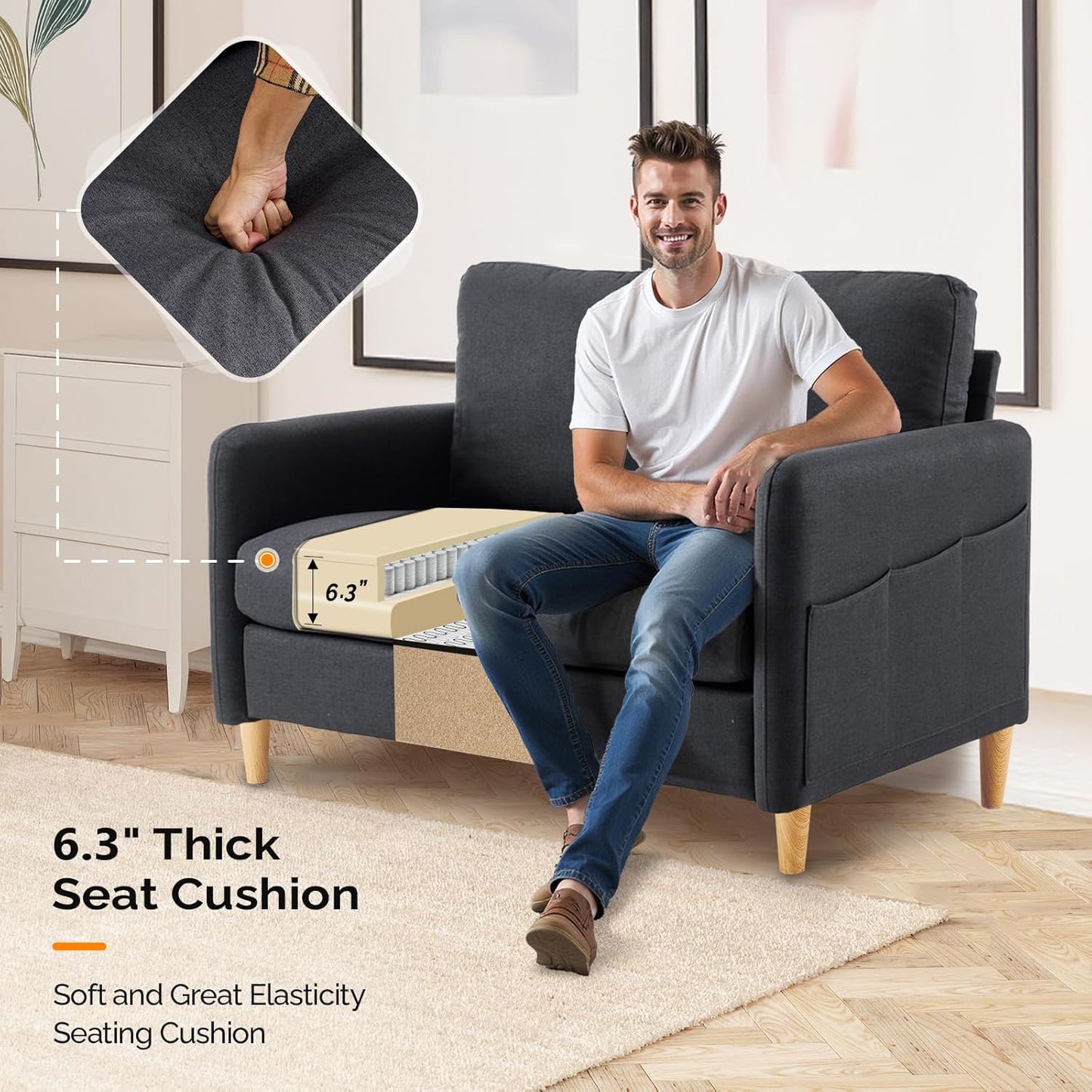 VINGLI 47" Small Couch, Linen Loveseat Sofa Black Mini Couch Mid Century Modern Decor Love Seat for Small Spaces Living Room, Bedroom, Play Room