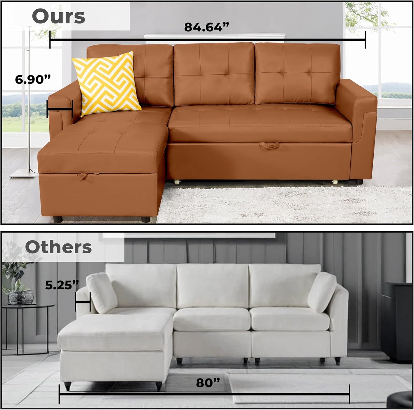 Naomi Home L-Shaped Reversible Sectional Sofa with Pull-Out Sleeper Bed and Storage Chaise, Caramel Air Leather