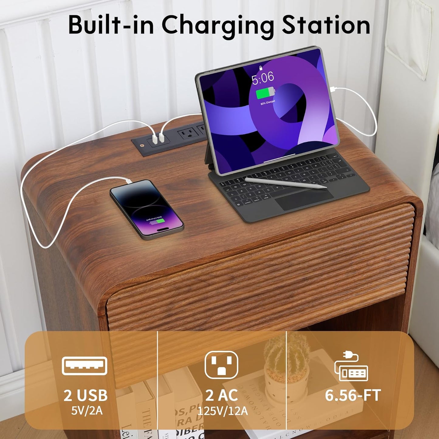 Fluted Nightstand with Charging Station, Mid Century Modern Bed Side Table End Table with Drawer Storage, Large Wooden Night Stands Bedside for Bedroom Living Room Sofa Office, Walnut