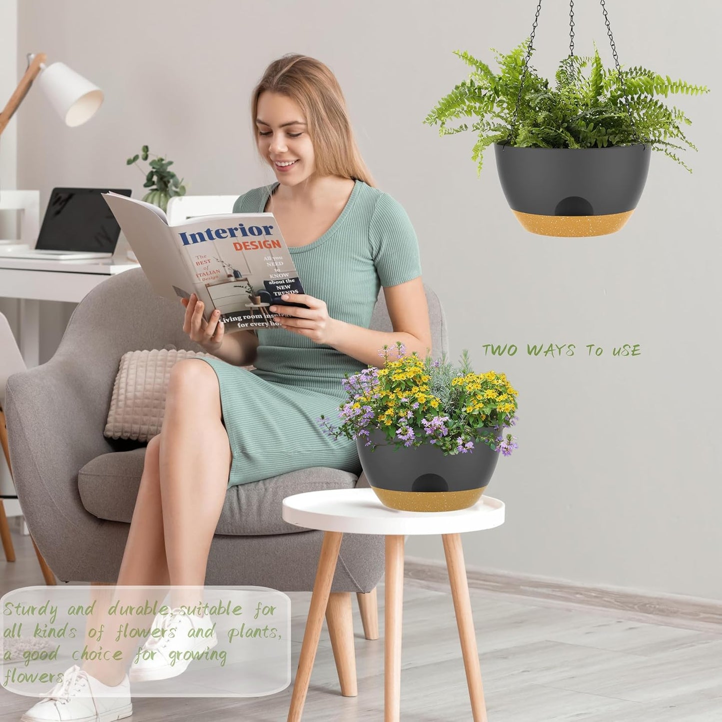 12 Inch Hanging Baskets 2 PC with Chains, Self-Watering Hanging Planters for Indoor Outdoor Plants, Plastic Hanging Flower Pots,Black Brown