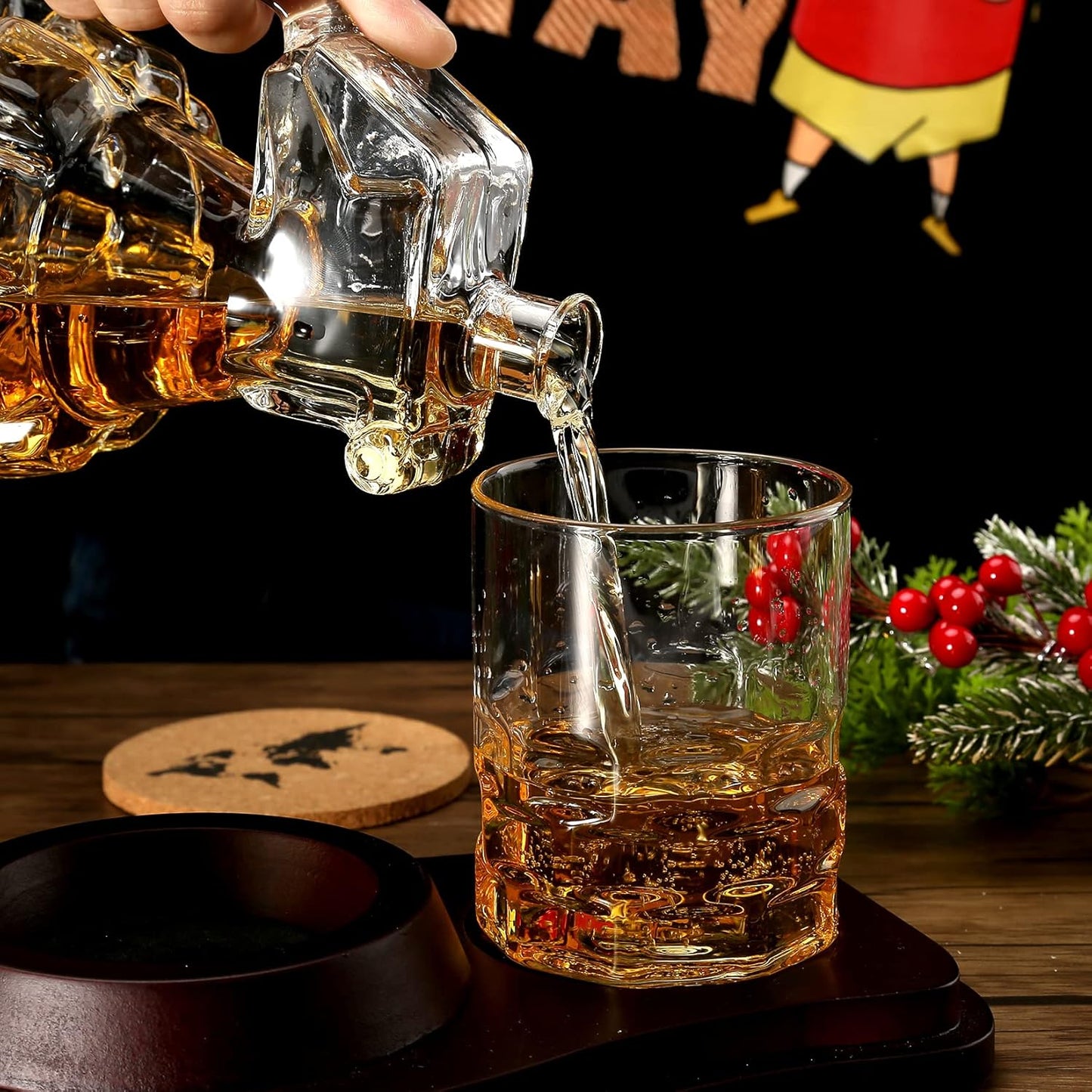 Whiskey Decanter Set Grenade Shaped Liquor Decanter Set with 2 Glasses - Scotch Bourbon Drinking Gift for Men&Women Dad Husband Boyfriend Brother Anniversary Birthday Christmas House Warming Present