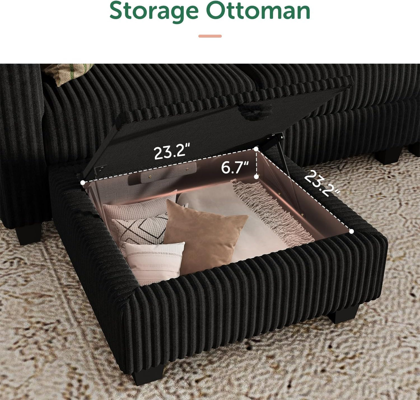 HONBAY Plush Corduroy Sectional Couch with 6 Seaters U-Shaped Modular Sectional Sofa with Storage Sectional Couches for Living Room, Black