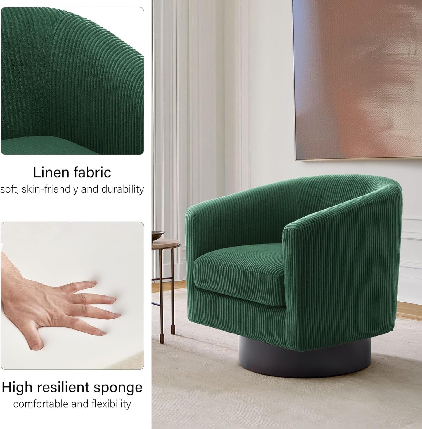 Swivel Barrel Accent Chair, Modern Round Corduroy Fabric Arm Chair for Living Room, Bedroom, Comfy Club Reading Chairs for Adults (Corduroy Dark Green, Set of 2)