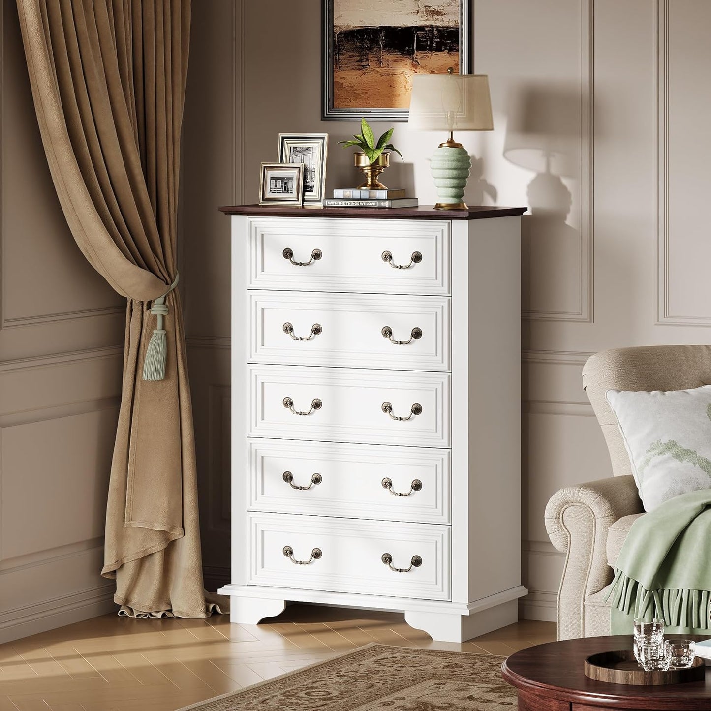WLIVE Farmhouse Dresser for Bedroom, Wood Dresser with 5 Drawer, Chest of Drawers with Roman Metal Handle for Living Room, White