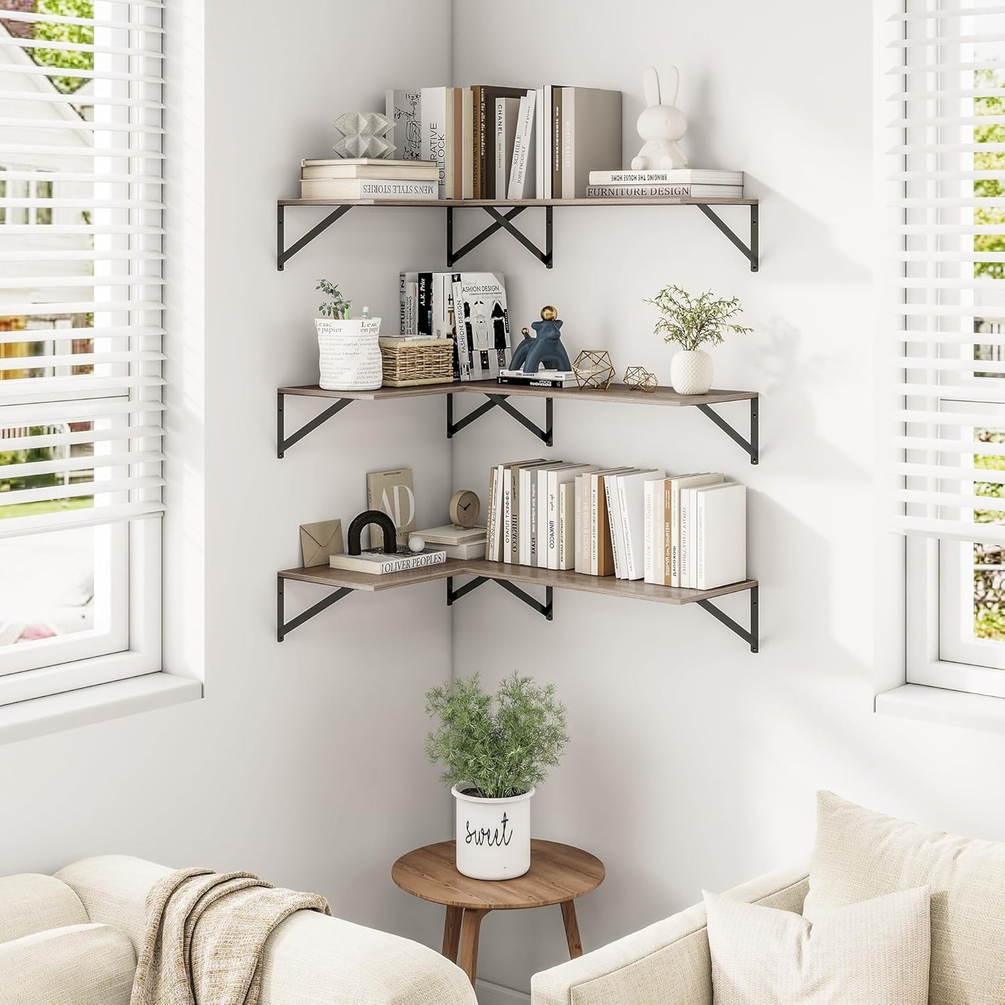 Heimlove 24" W x 12" D Wall Shelves for Books, 12 Inch Deep Floating Shelves Set of 3, Wide Floating Bookshelf with Metal Bracket for Living Room, Kitchen, Office, Bedroom and Decor Storage - Grey