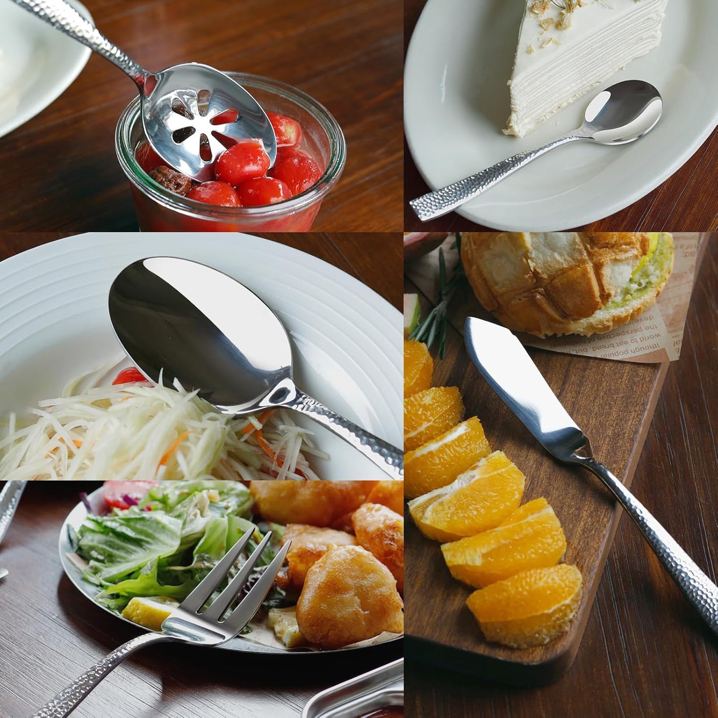 Stainless Steel Silverware Serving Set Hammered Silver Mirror Finished 5 Piece Serving Utensil Set Flatware Set