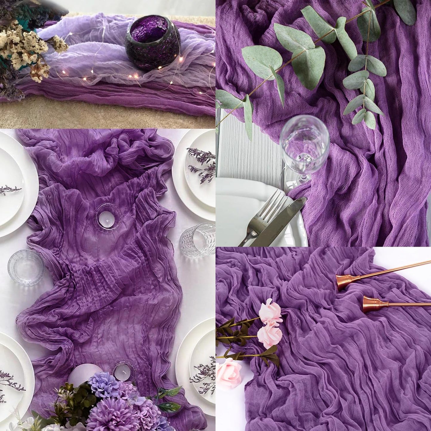 12 Pack Purple Cheesecloth Table Runner 10FT Boho Fabric Rustic Cheese Cloth Table Runner for Wedding Bridal Shower Baby Shower Gauze Sheer Birthday Party Table Decorations 20 x 120 Inch Long