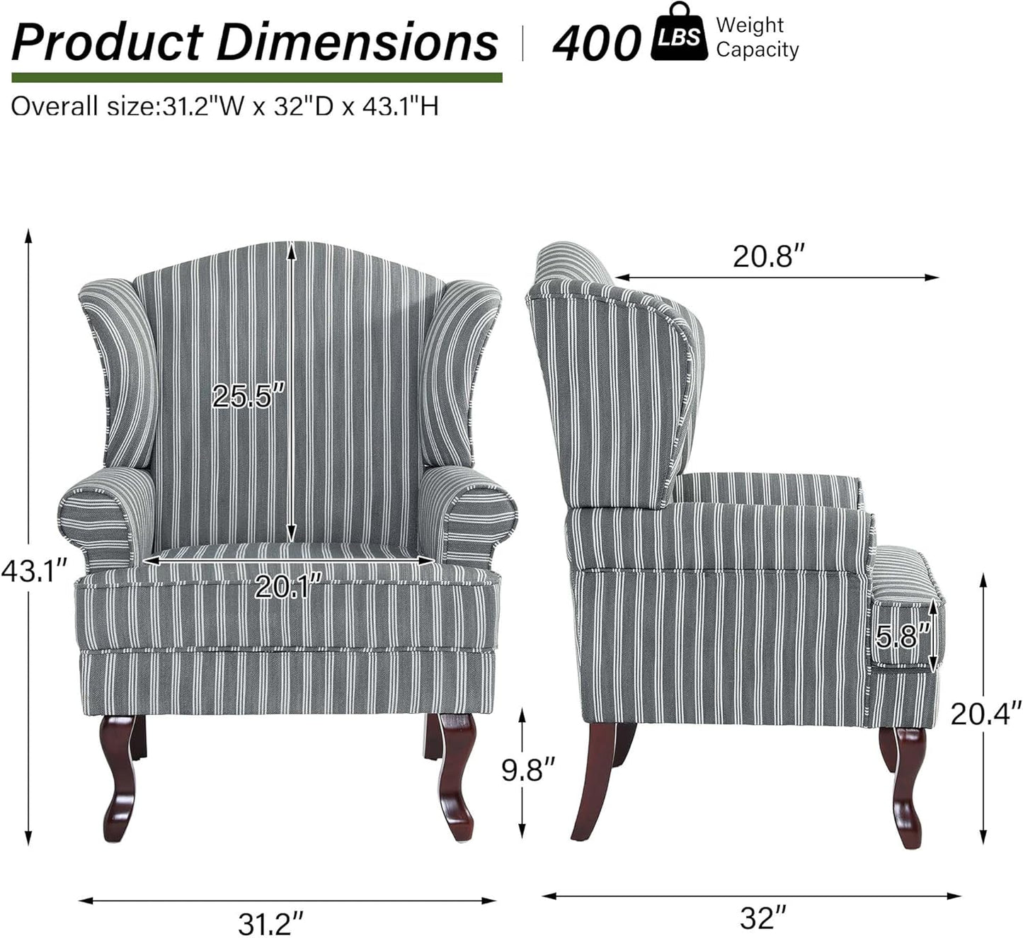 Accent Chair, High Back Upholstered Armchair with High Resilience Sponge & Wood Legs, Mid-Century Modern Comfy Single Sofa Reading Chairs for Living Room, Bedroom (Stripe Grey, Set of 1)