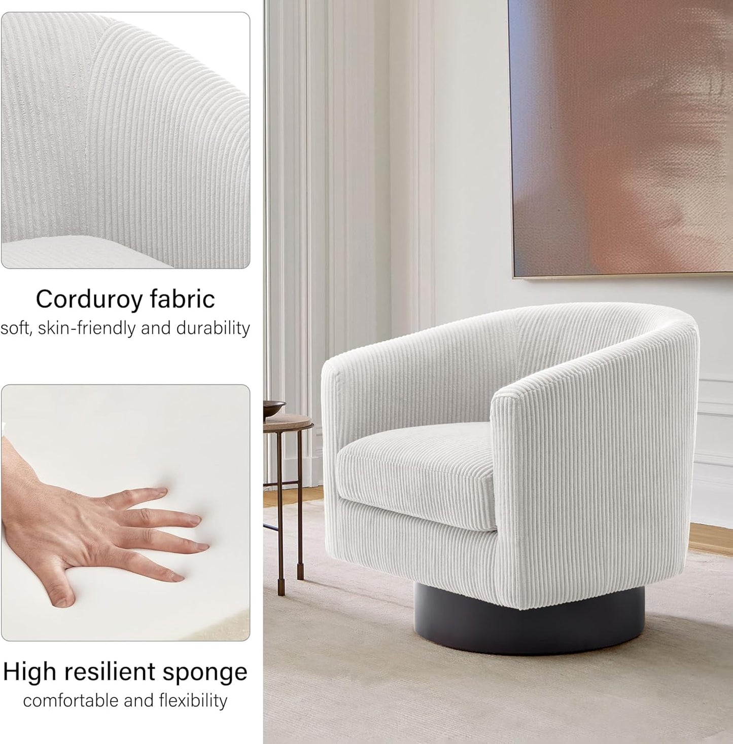 Swivel Barrel Accent Chair, Modern Round Corduroy Fabric Arm Chair for Living Room, Bedroom, Comfy Club Reading Chairs for Adults (Corduroy Beige, Set of 1)