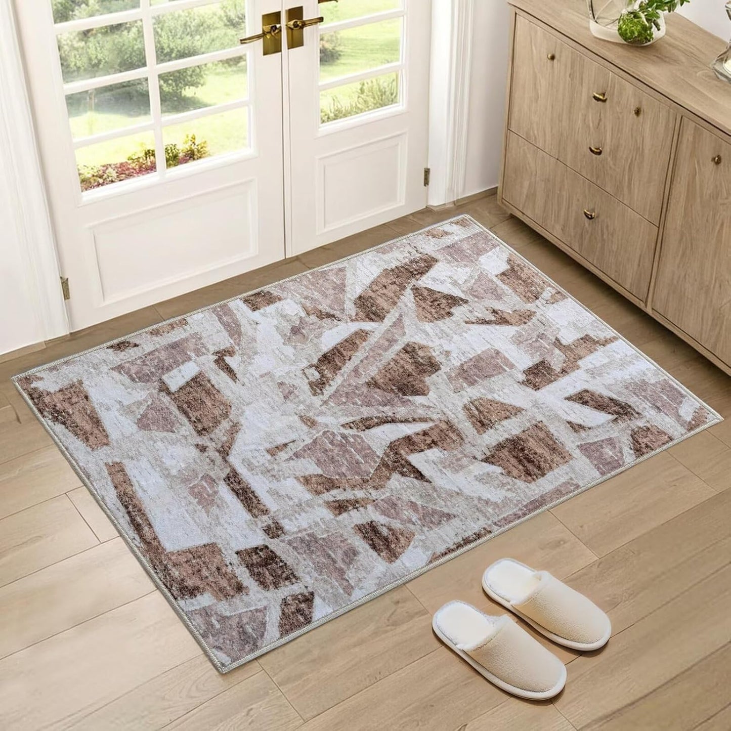 Modern Abstract Door Mat Indoor Entrance 2X3 Brown Rug Washable, Non-Slip Small Rugs for Entryway Bathroom Ultra-Thin, Throw Carpet for Kitchen Bedroom Nursery Kids Print Faux Wool