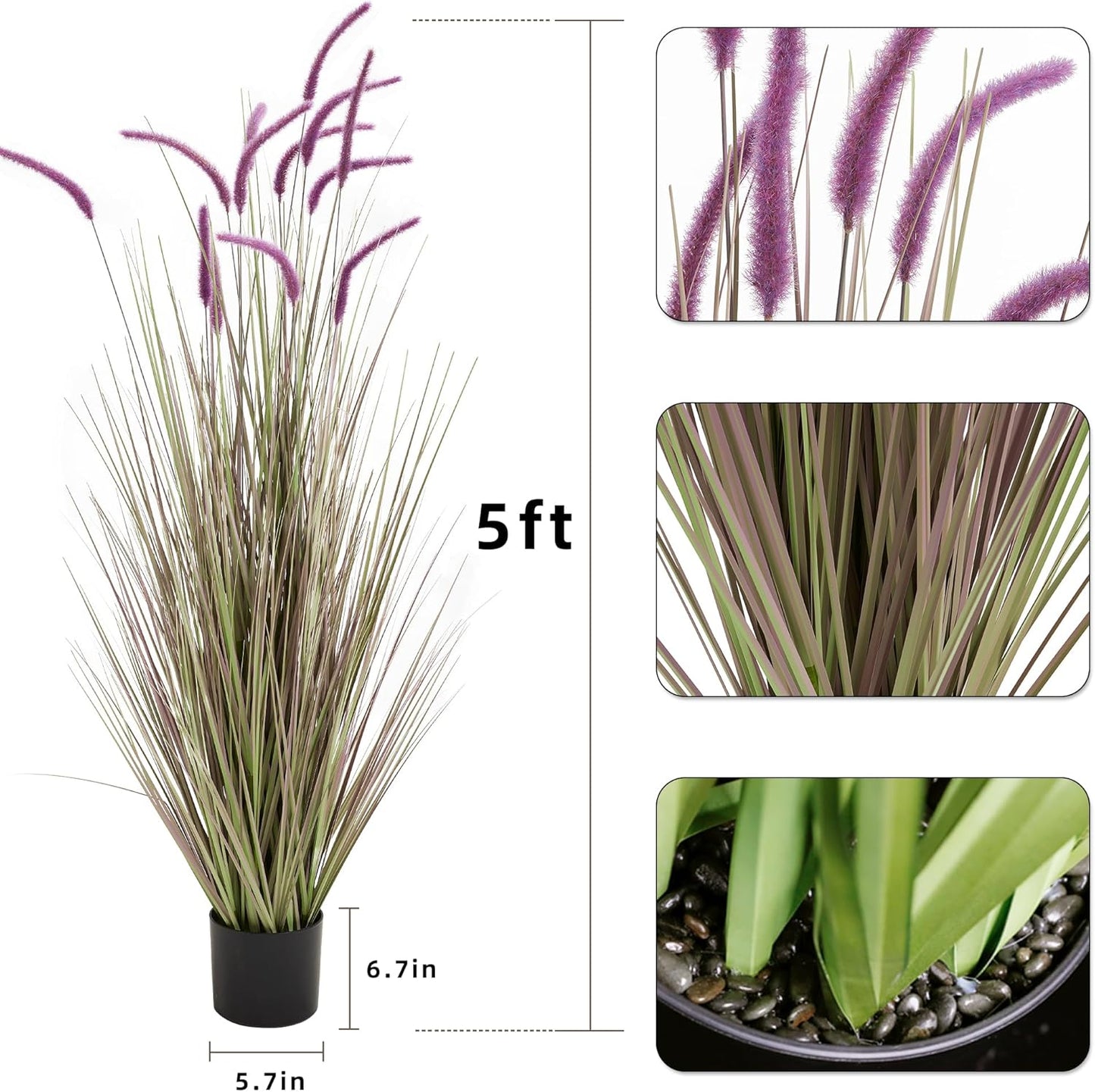 KOL Artificial 5ft 2-Pack Horsetail Reed Grass, 59in Tall Artificial Indoor Outdoor Fake Grass Plant, Home Office Décor Artificial Plants in Pot Faux Plant Greenery, Wedding Decor, Purple