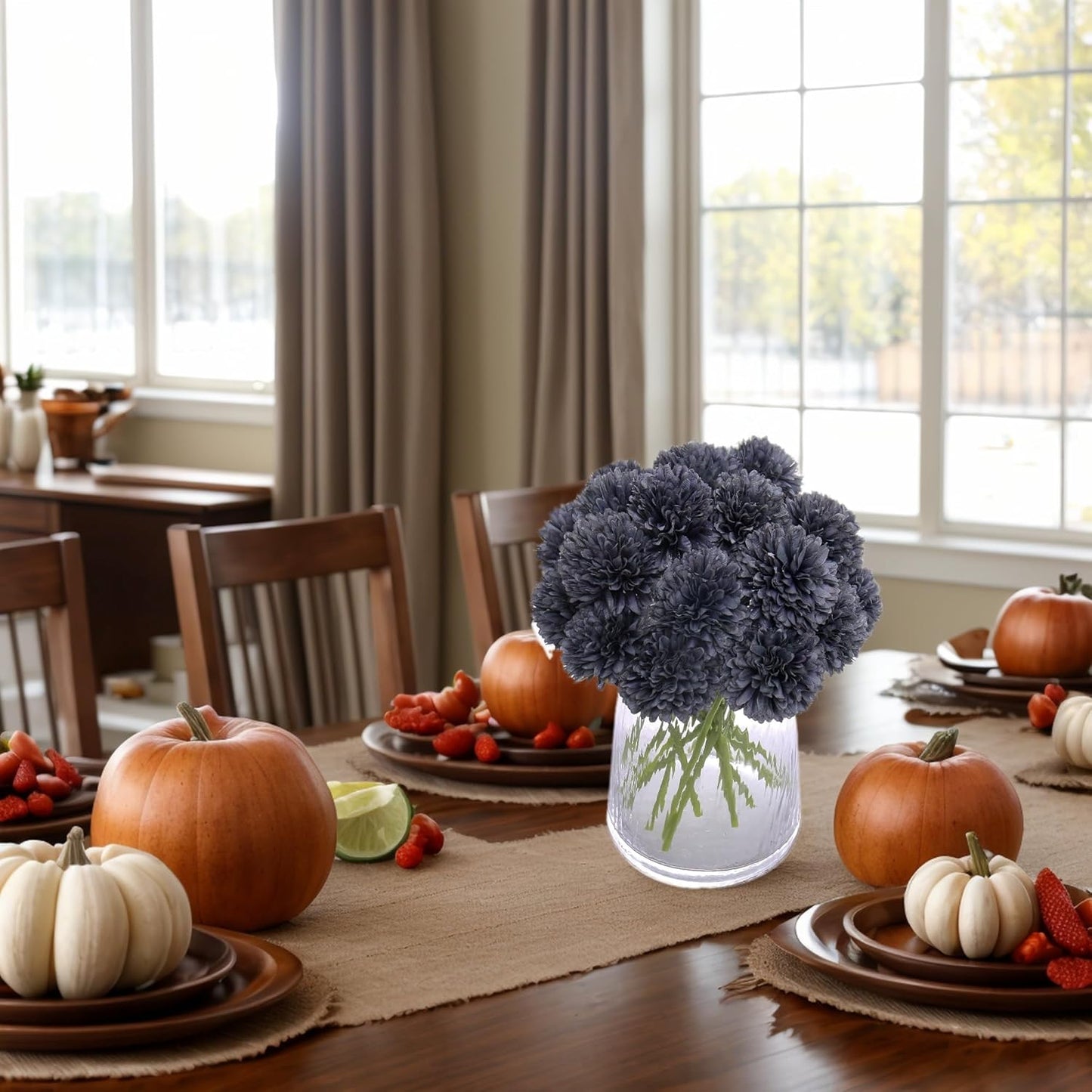 Kimura's Cabin 20Pcs Faux Mums Flowers Artificial Silk Chrysanthemums Fake Ball Flower for Halloween Fall Home Kitchen Table Decor Arrangement Decoration Bouquets (Grey Black)