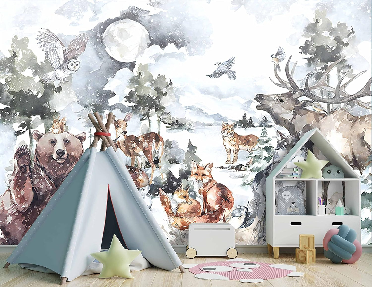 Boys or Girls Cartoon Watercolor Animals wallpeper Nursery Kids Bedroom Wall Mural - 91"x65"（Not Peel and Stick）