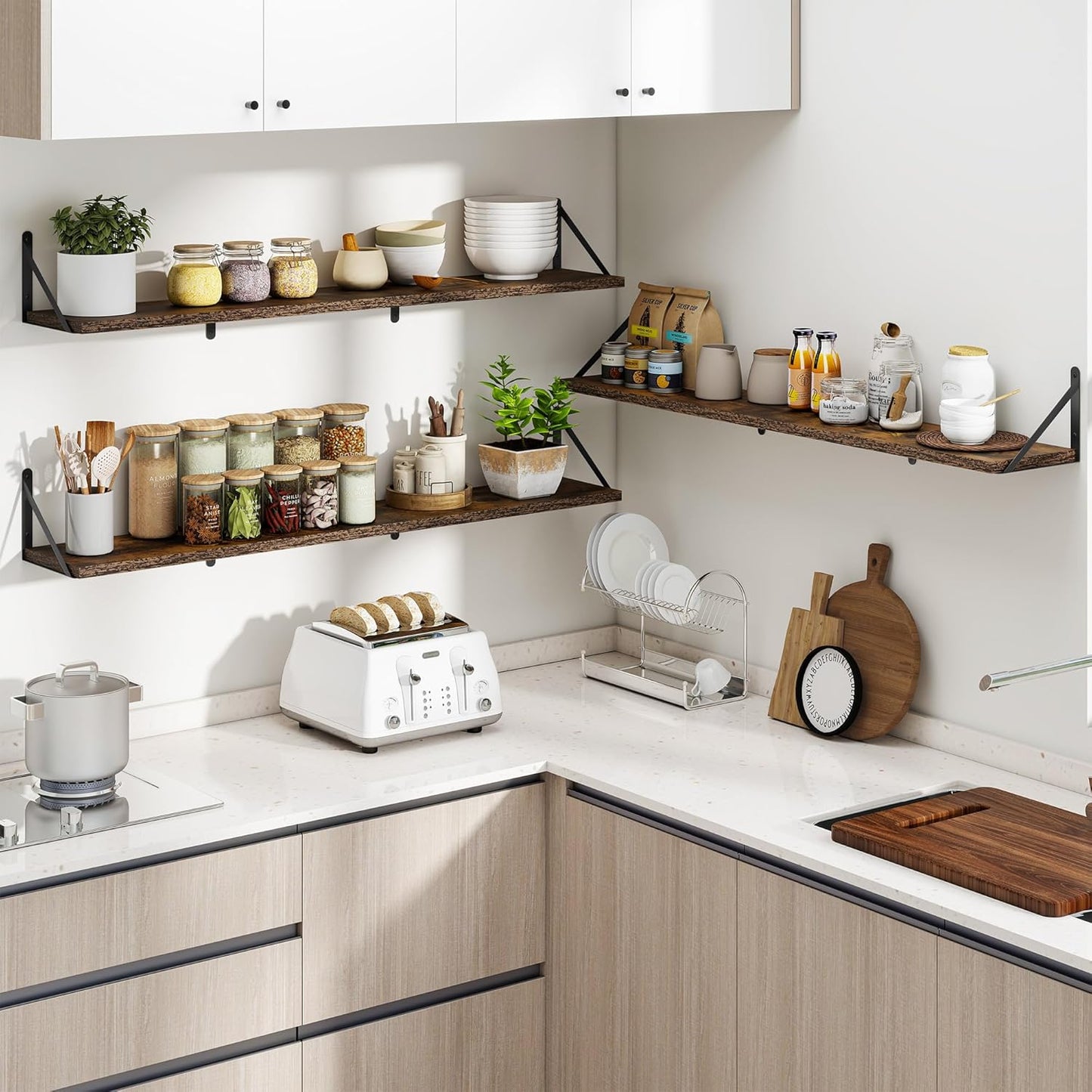 Heimlove 48 Inch Large Floating Bookshelves Set of 3,Rustic Brown Wood Wall Mounted Bookshelves,Heavy Duty Shelves for Living Room,Bedroom,Kitchen,Laundry Room Storage & Decor