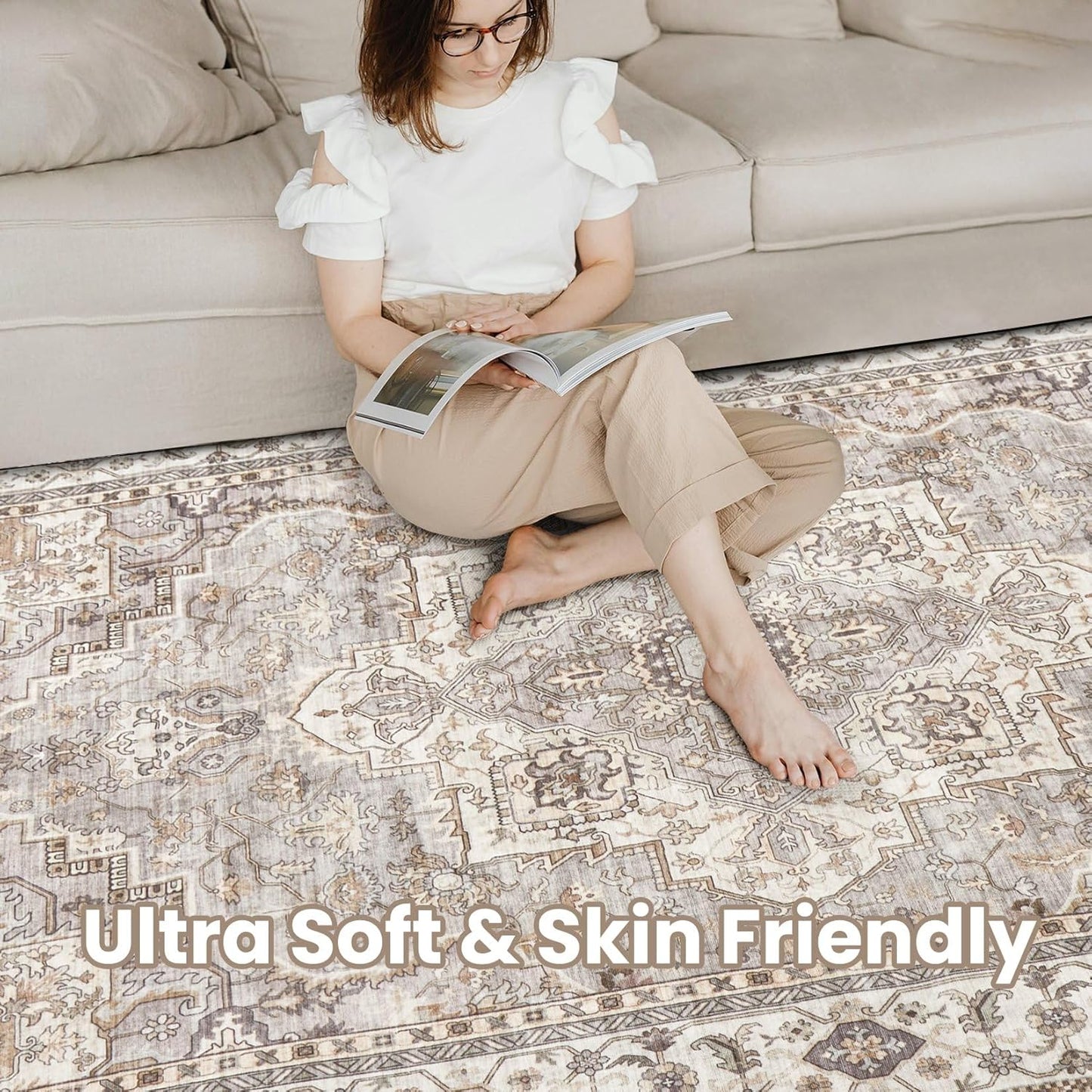 Washable Area Rugs for Living Room - 9x12 Neutral Vintage Distressed Floral Farmhouse Boho Large Soft Floor Rug Indoor Non Slip Carpet for Bedroom Dining Room Office - Grey Brown