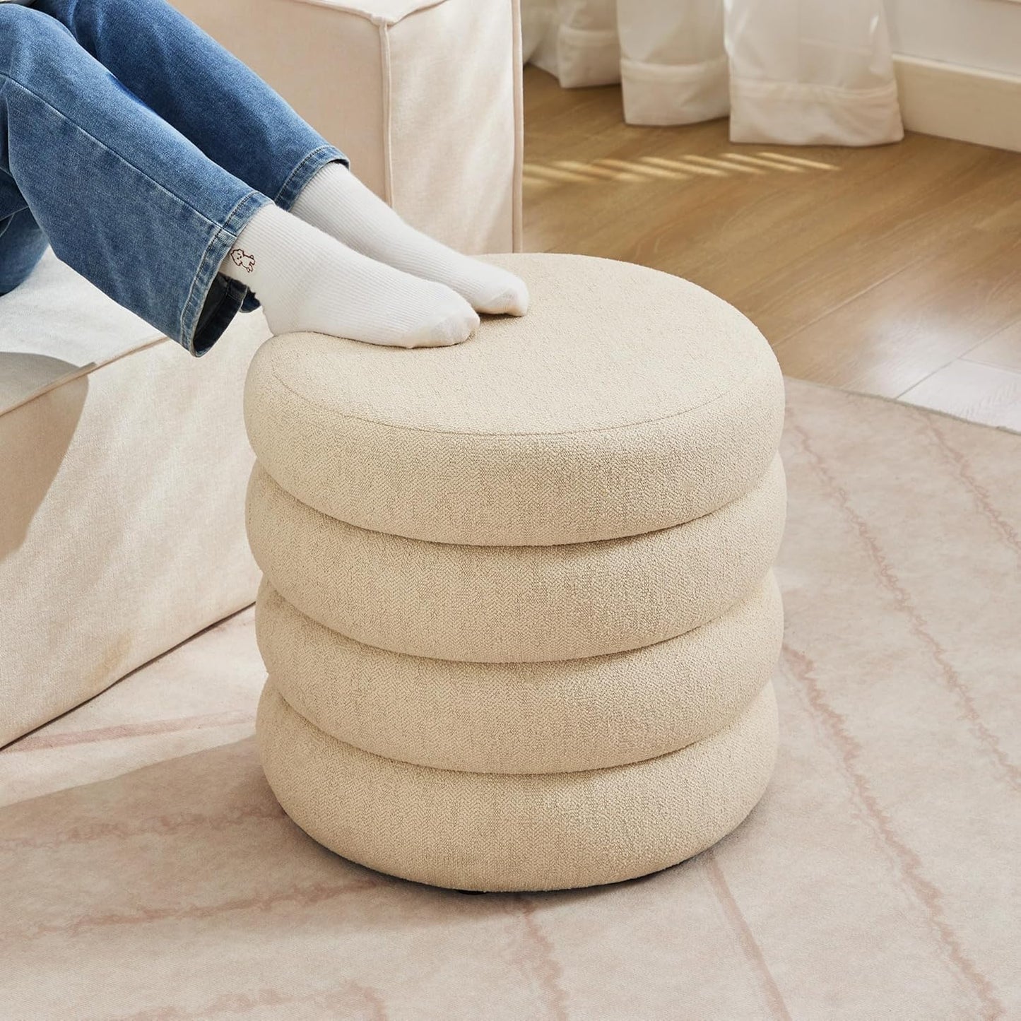 ONEVOG Round Storage Ottoman, 20" Small Ottomans Table with Removable Lid, Linen Fabric Soft Footrest Stools for Couch, Upholstered Stuffed Circle Seat for Living Room/Bedroom/Dorm/Vanity, Beige