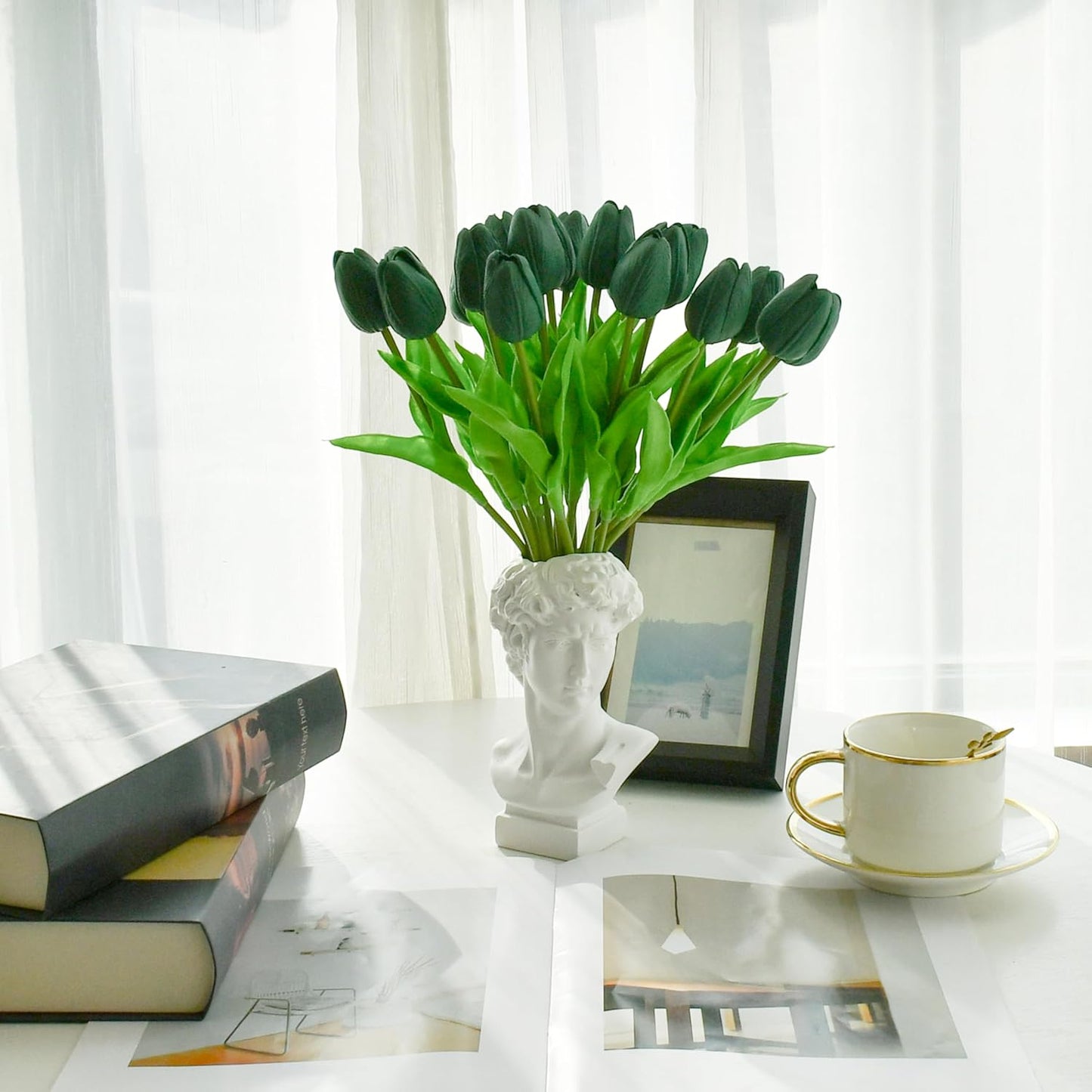 Mandy's Artificial Tulips 20 Stems Dark Green PU Faux Flowers for Wedding Home Decor 13.5 Inch